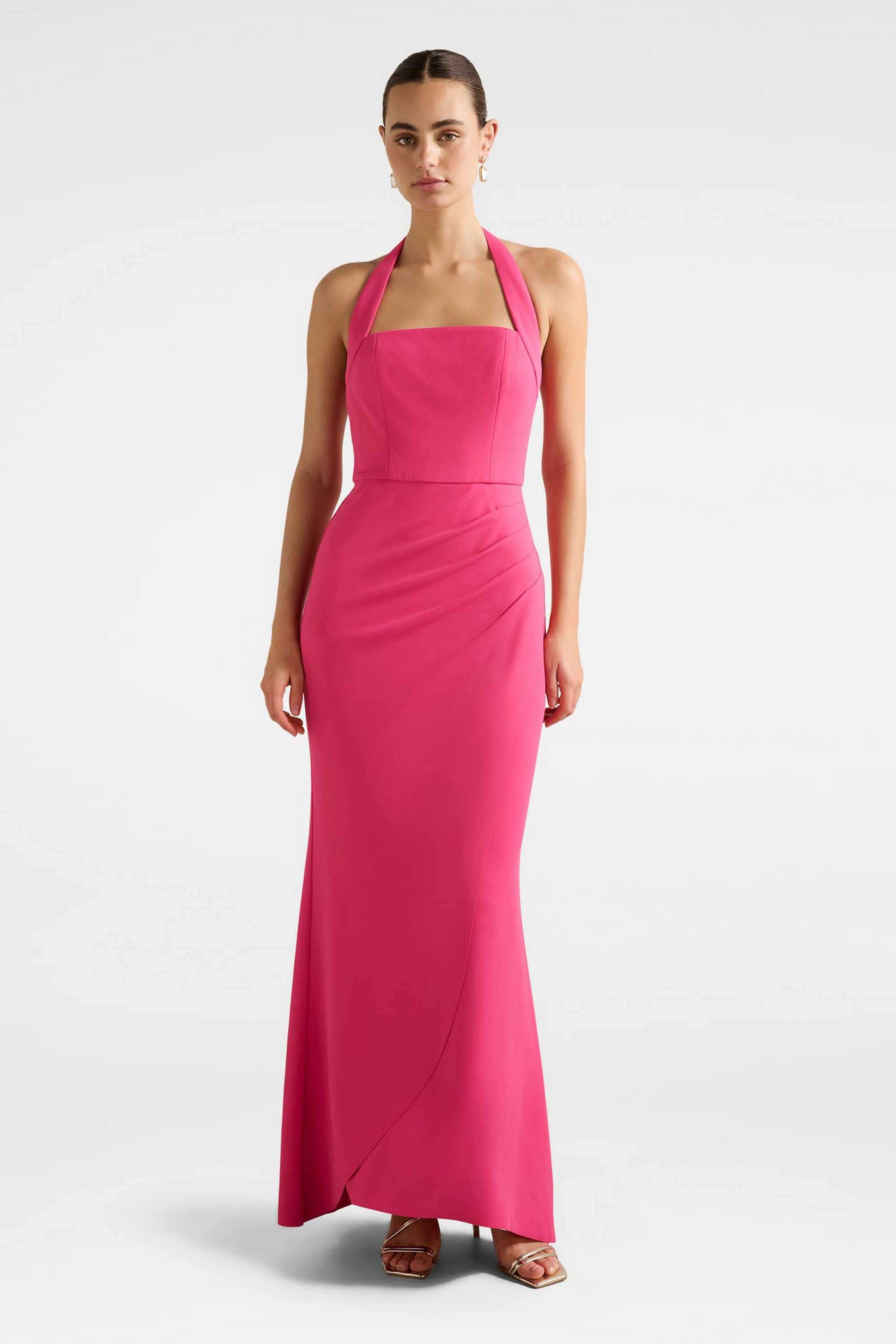 Solid-Polyester-Halter-Neck-Women-s-Dress