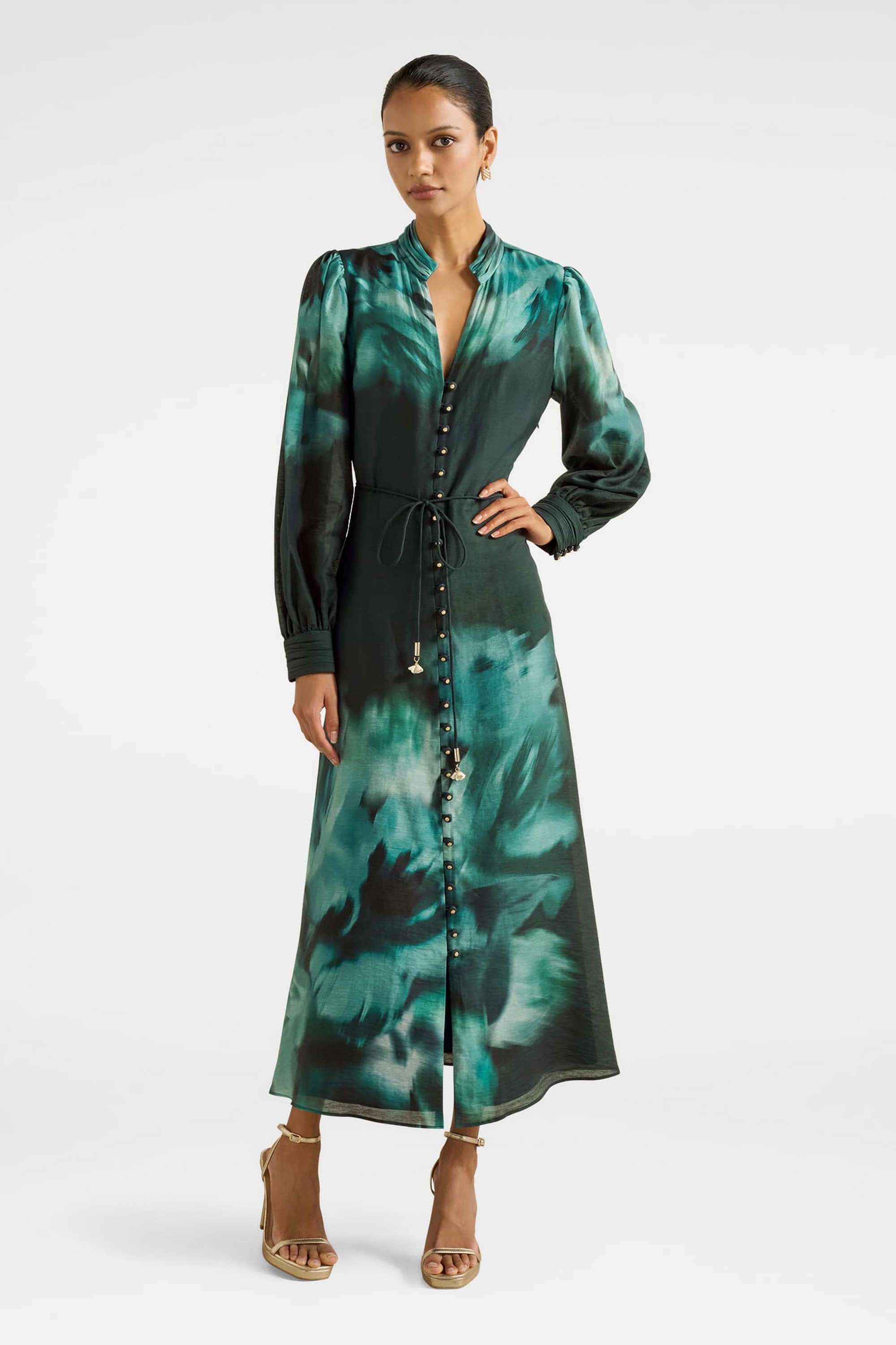 Floral-Collared-Blended-Fabric-Women-s-Calf-Length-Dress