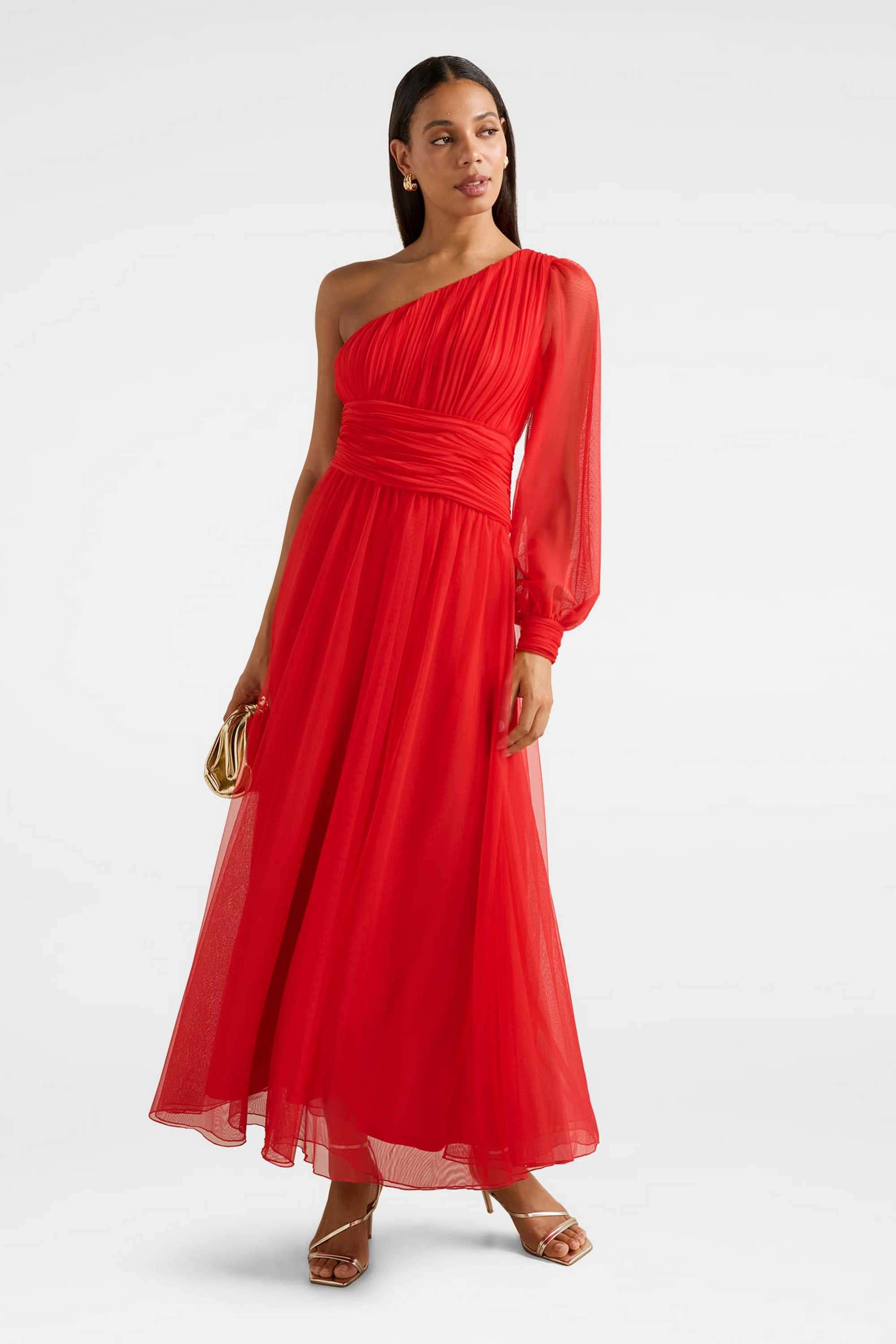 Solid-Polyester-One-Shoulder-Women-s-Dress