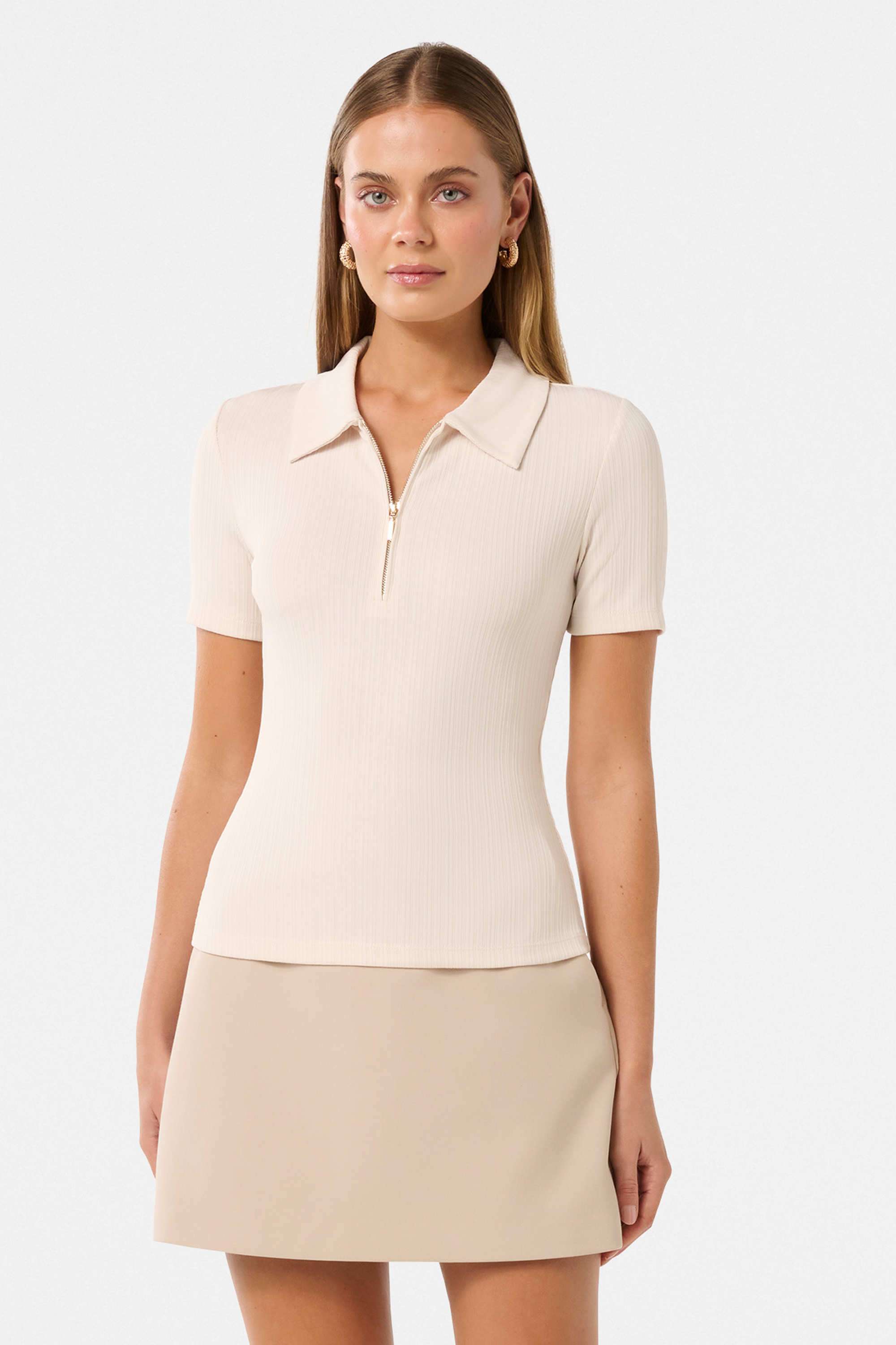 Solid-Polyester-Women-s-Callie-Short-Sleeve-Zip-Polo-Top