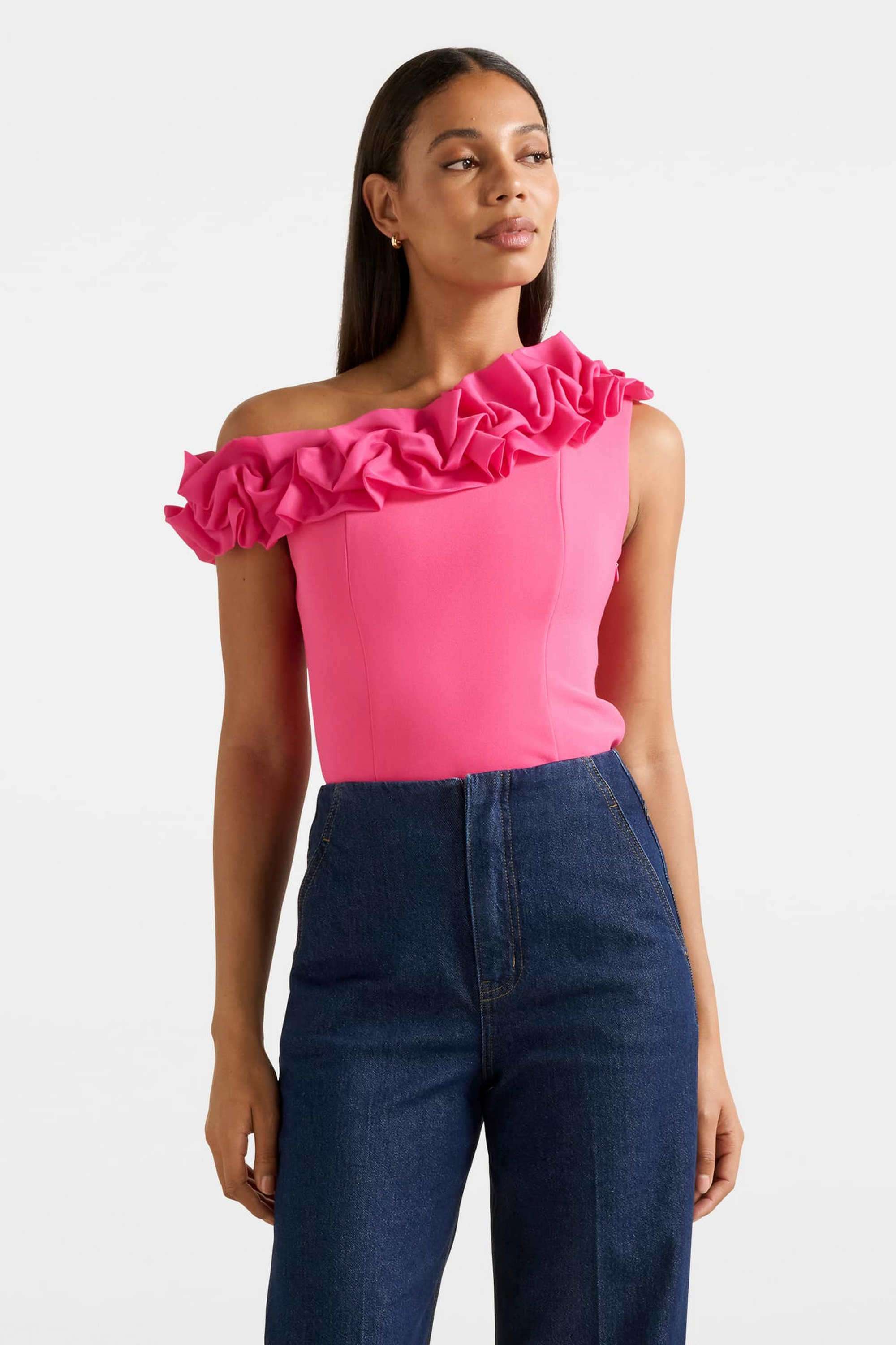 Solid-Polyester-One-Shoulder-Women-s-Top