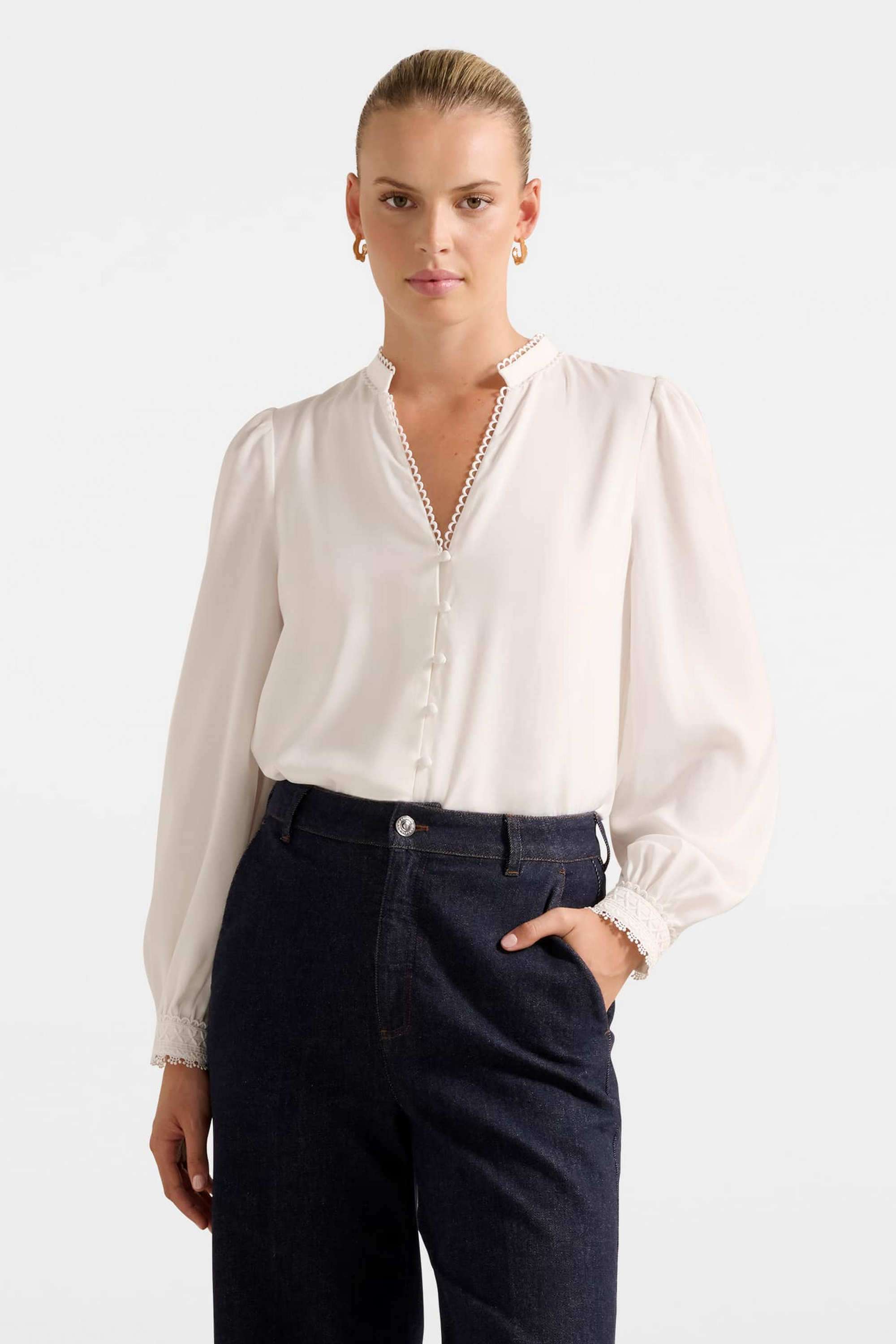 Solid-Polyester-Collared-Women-s-Sherry-Lace-Blouse