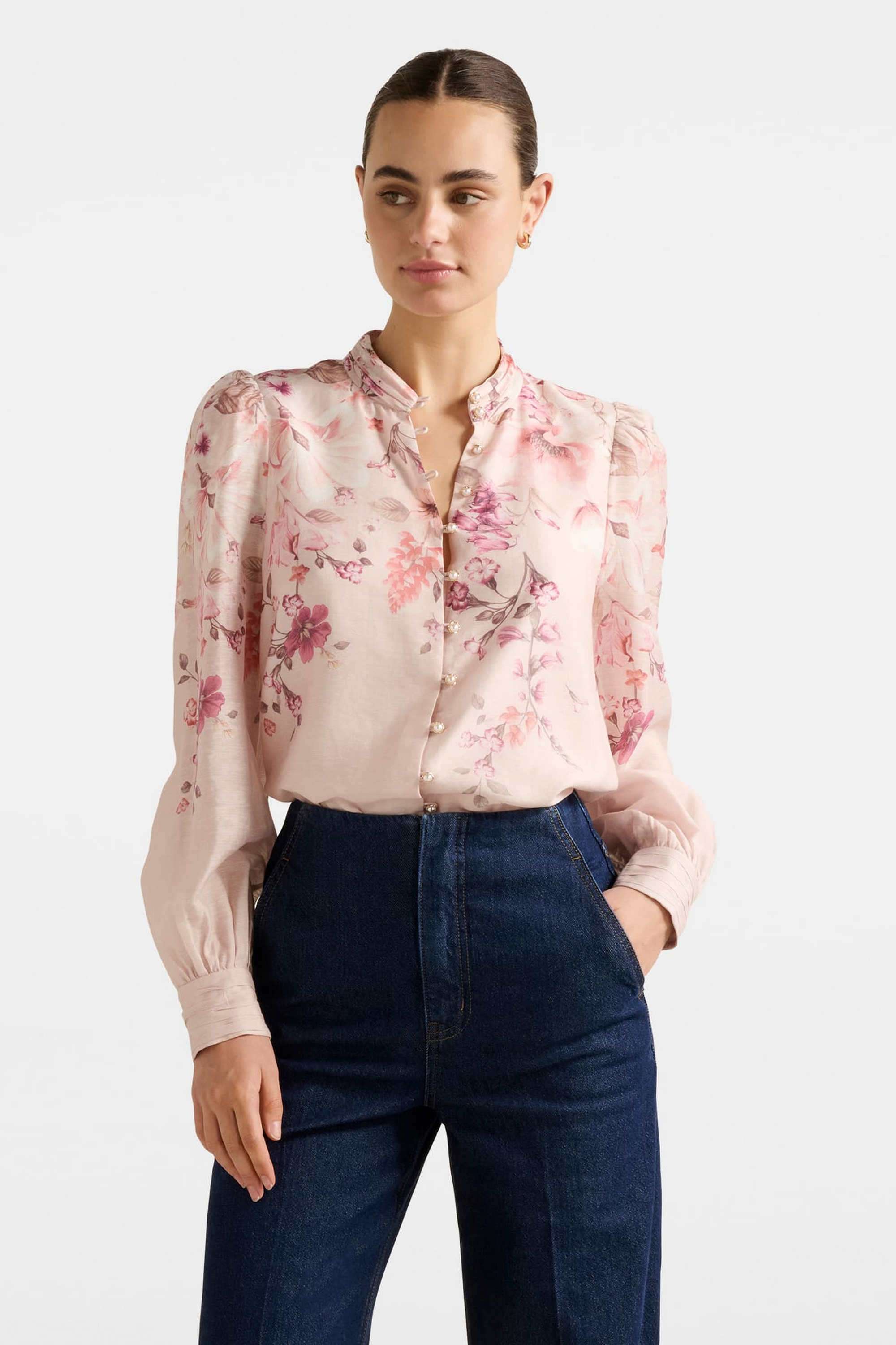 Floral-Blended-Fabric-Collared-Women-s-Top