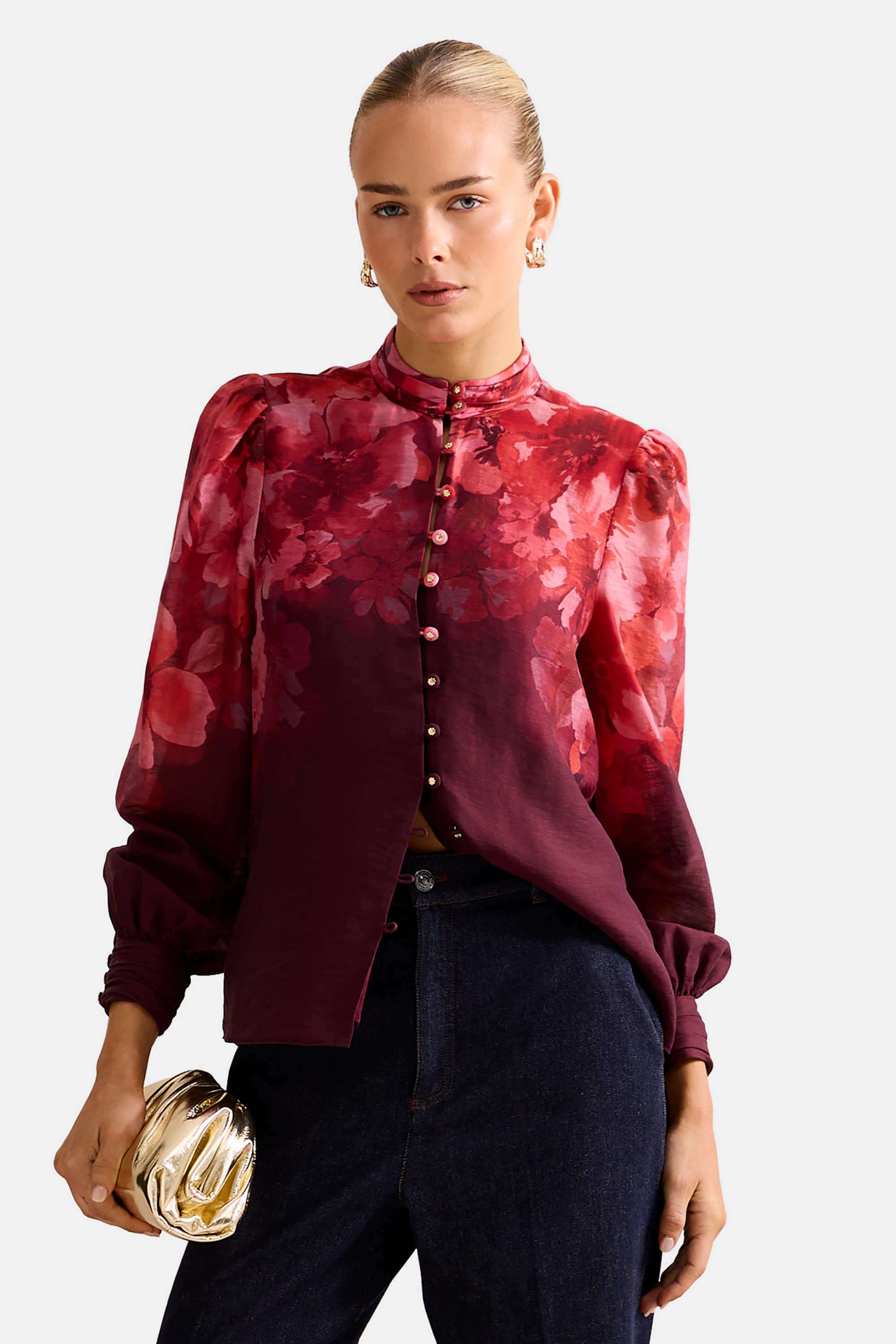 Floral-Blended-Fabric-Collared-Women-s-Top