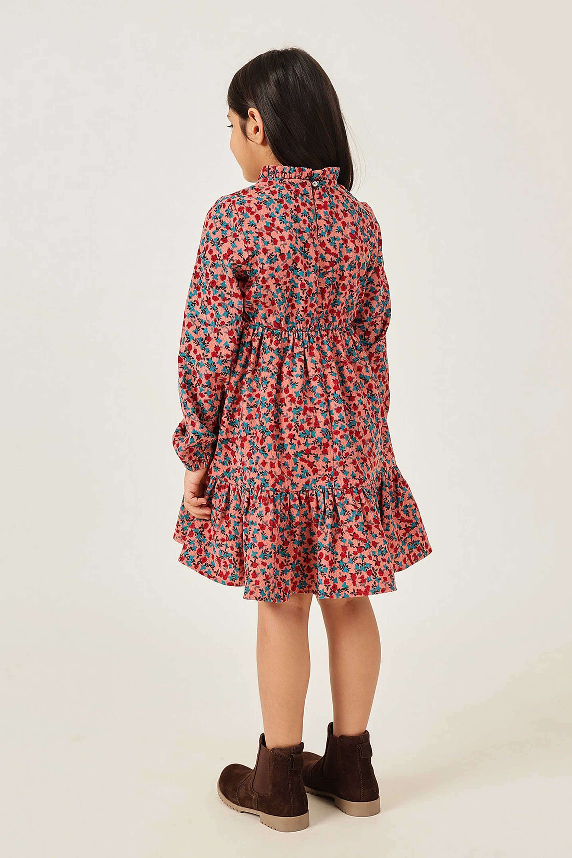 Floral-Polyester-Round-Neck-Girls-Casual-Wear-Dress