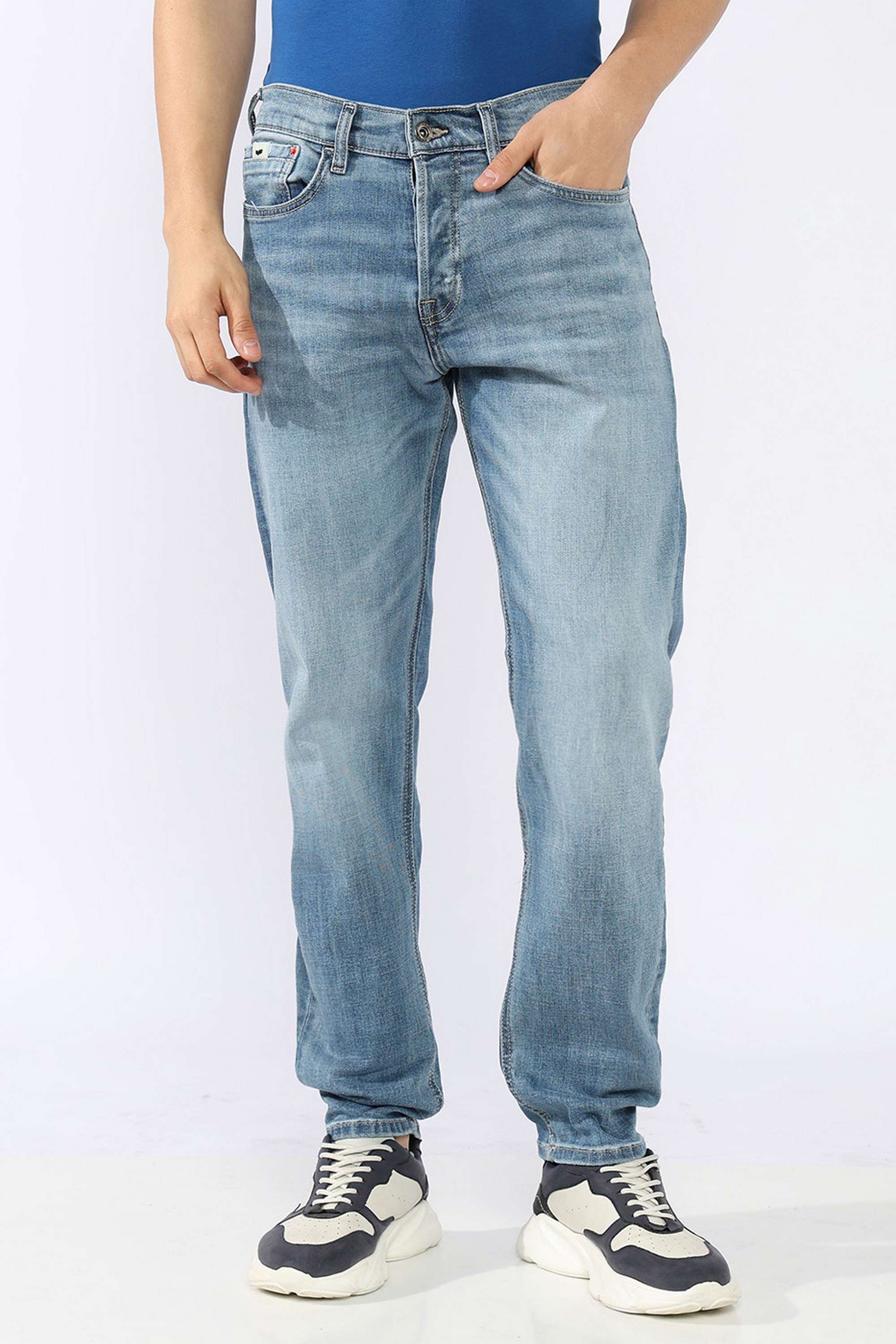 Solid-Cotton-Blend-Tapered-Fit-Men-s-Jeans