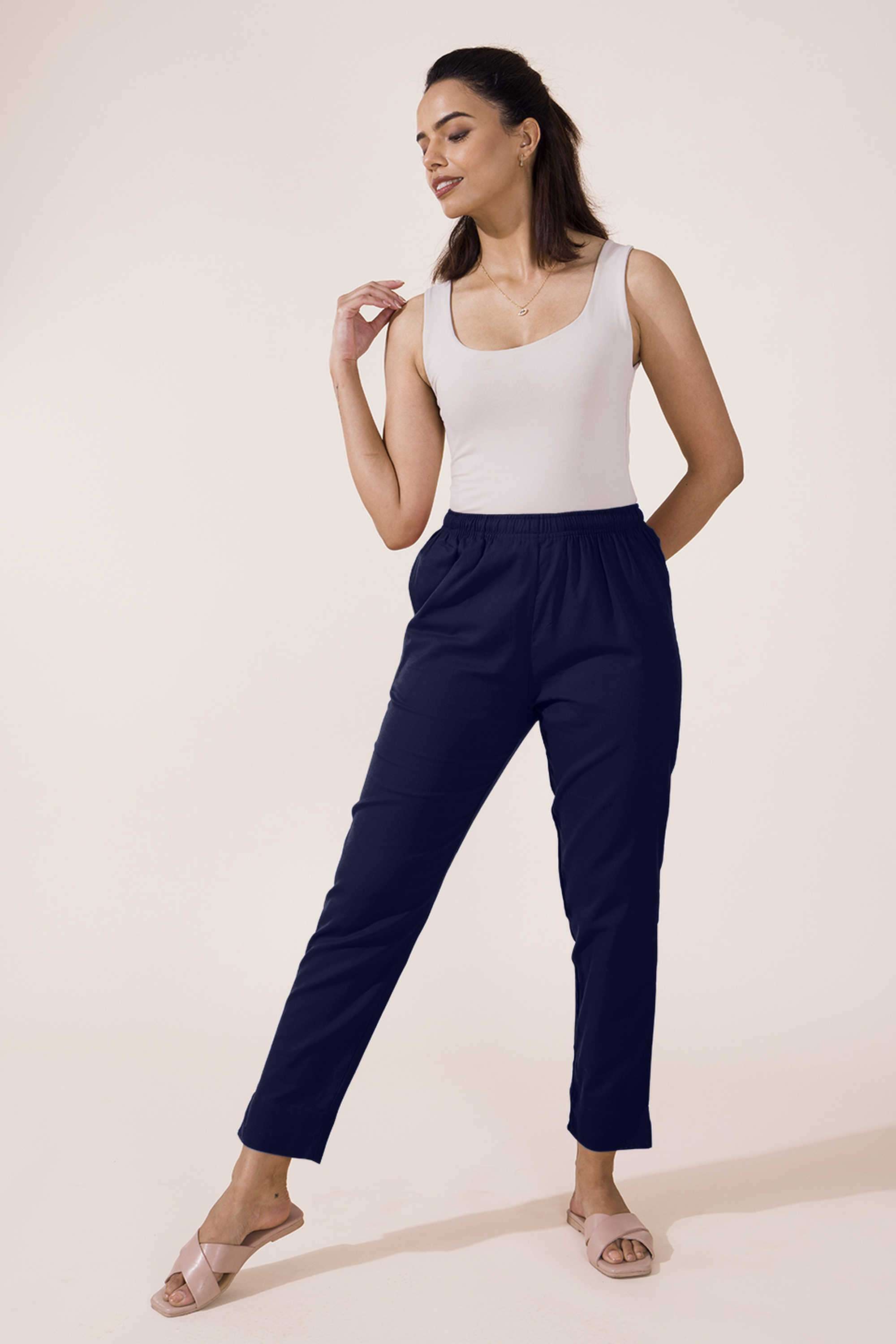 Solid-Blended-Fabric-Regular-Fit-Women-s-Pants