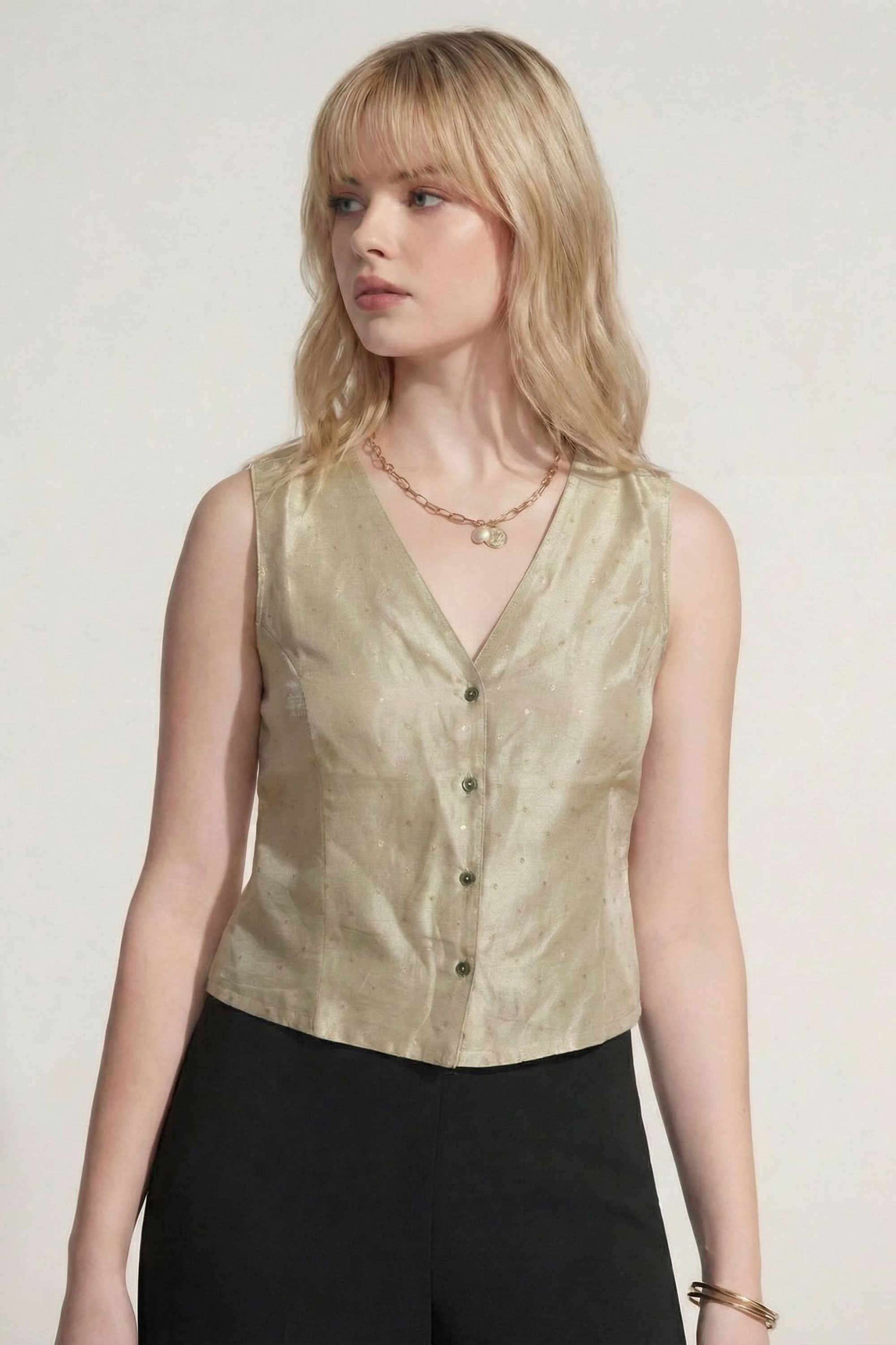 Textured Blended Fabric Sleeveless Slim Fit Festive Wear Women Top-image-2