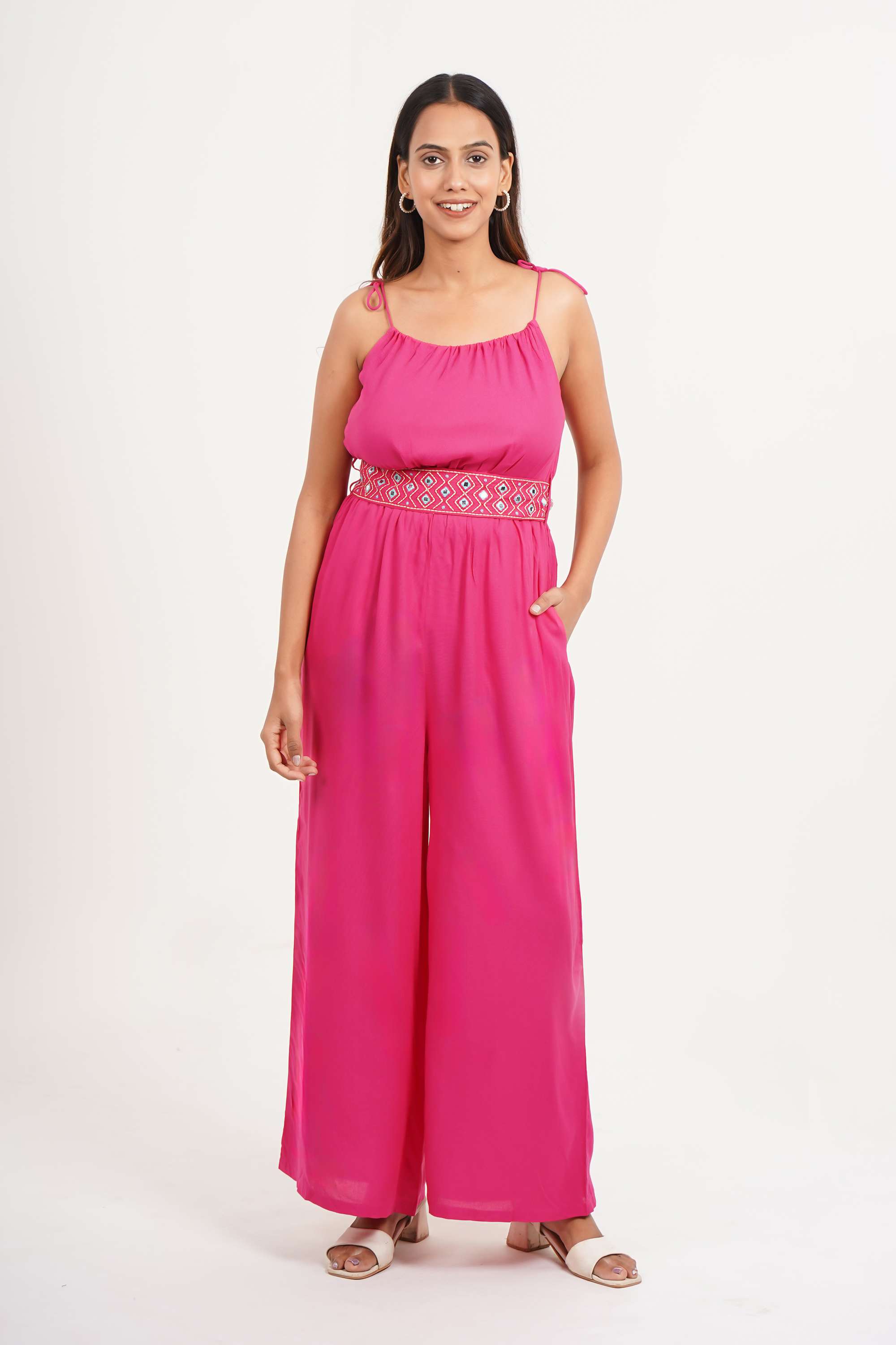 Solid Rayon Round Neck Women Jumpsuit-image-4