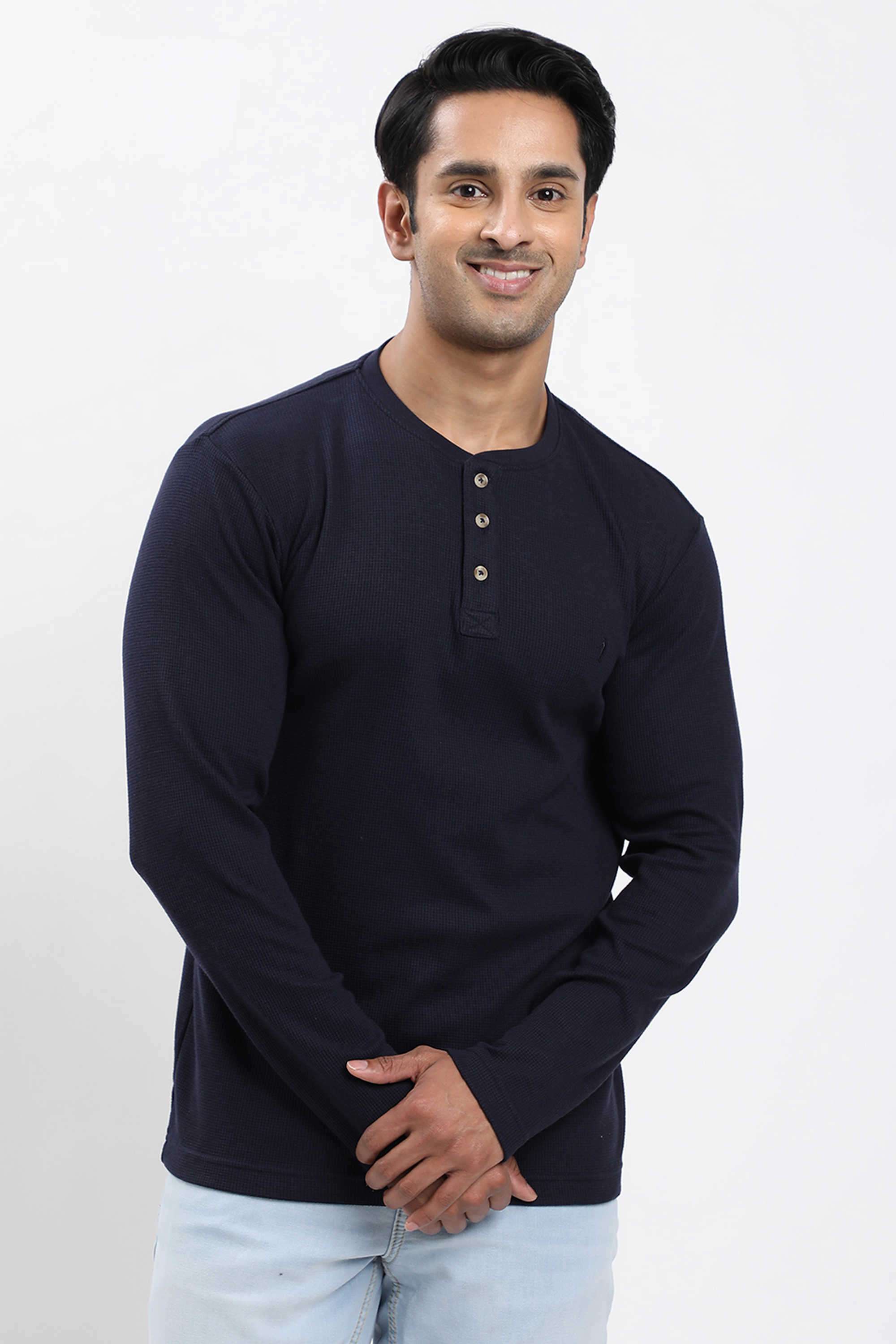 Solid-Cotton-Blend-Henley-Men-s-T-Shirt