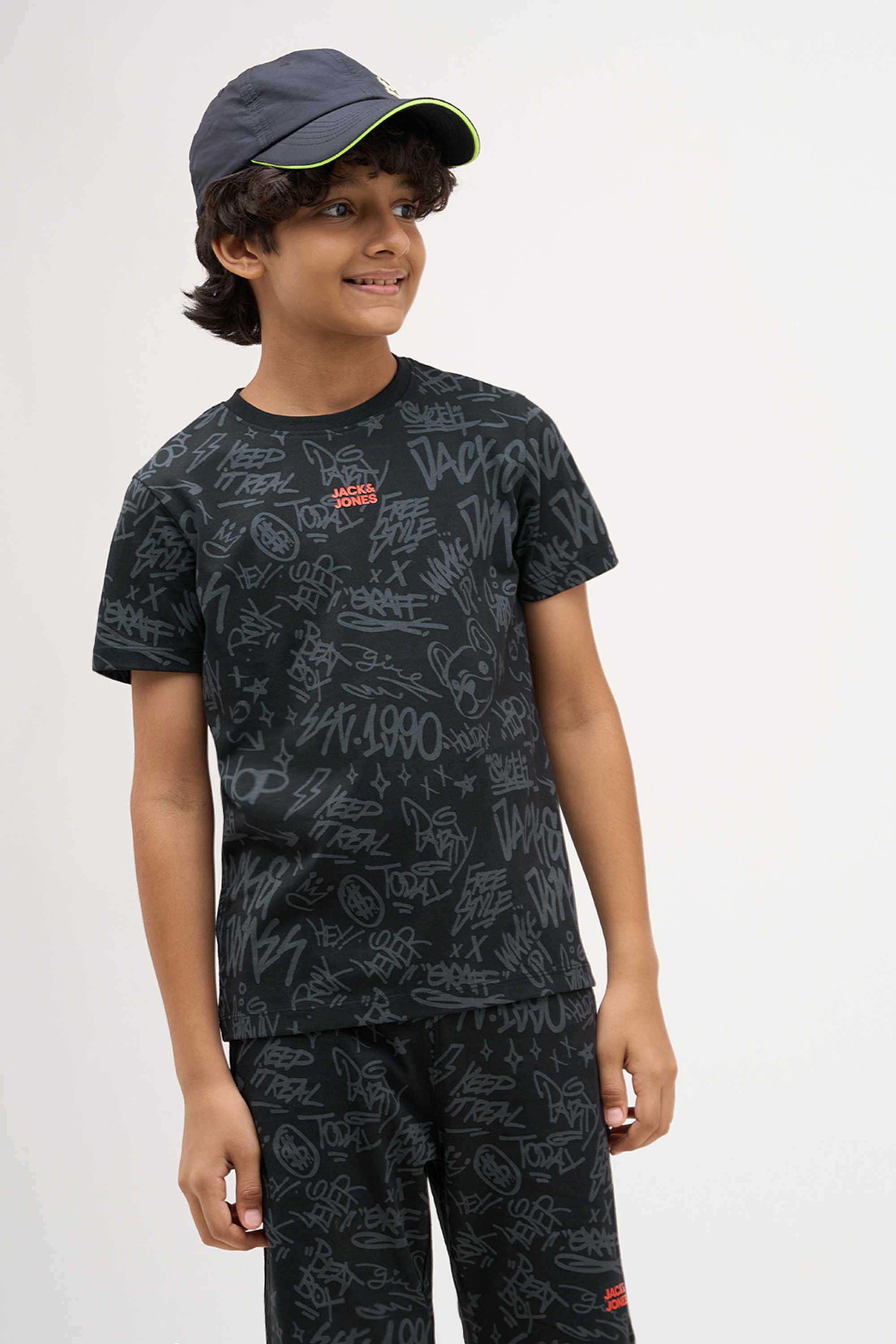 Buy JACK&JONES Black Textured Cotton Round Neck Boys T-Shirt