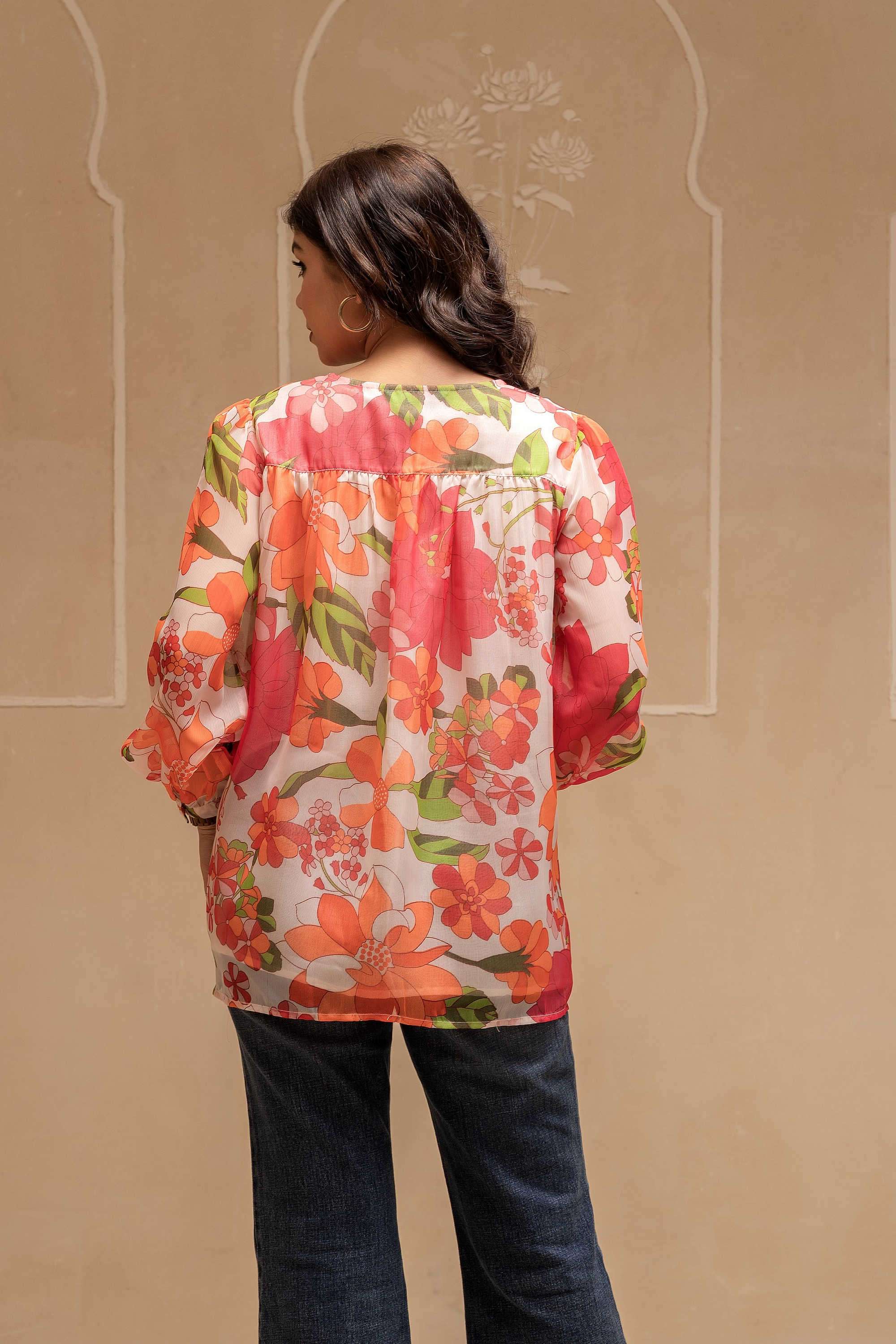 Floral-Blended-Fabric-Round-Neck-Women-Tunic