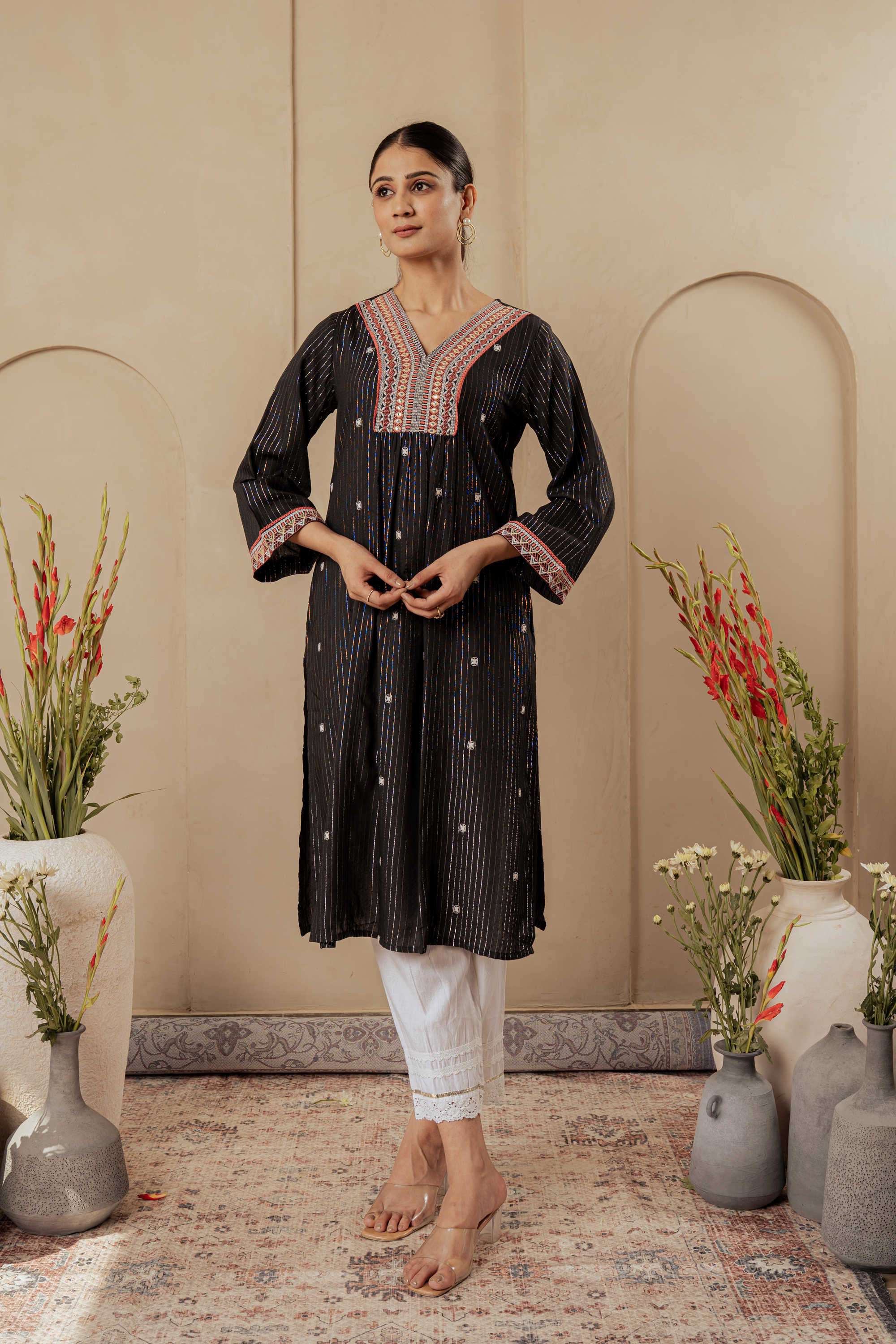 Embroidered-Viscose-V-Neck-Women-s-Festive-Wear-Kurta