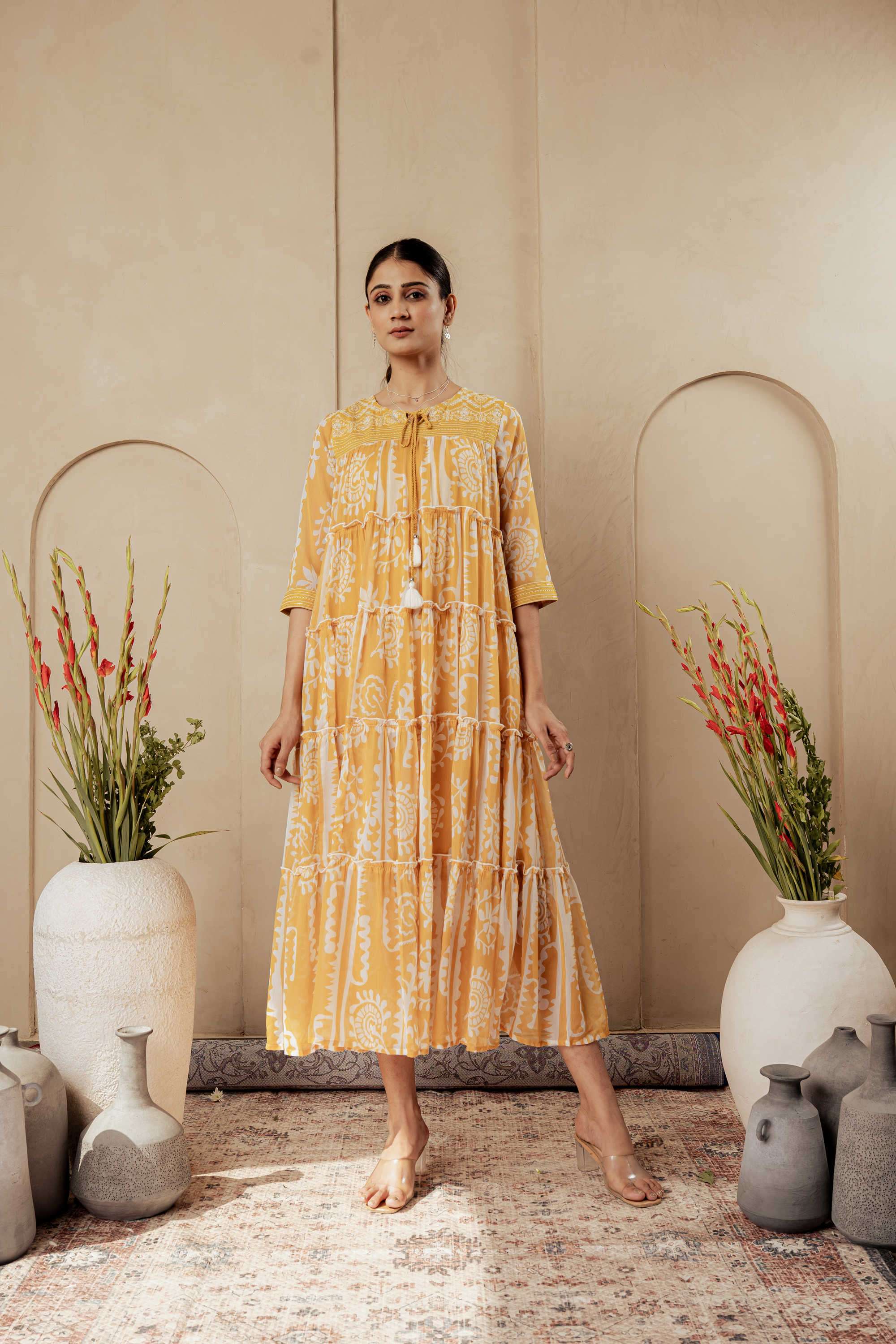 Printed-Blended-Fabric-Round-Neck-Women-s-Dress