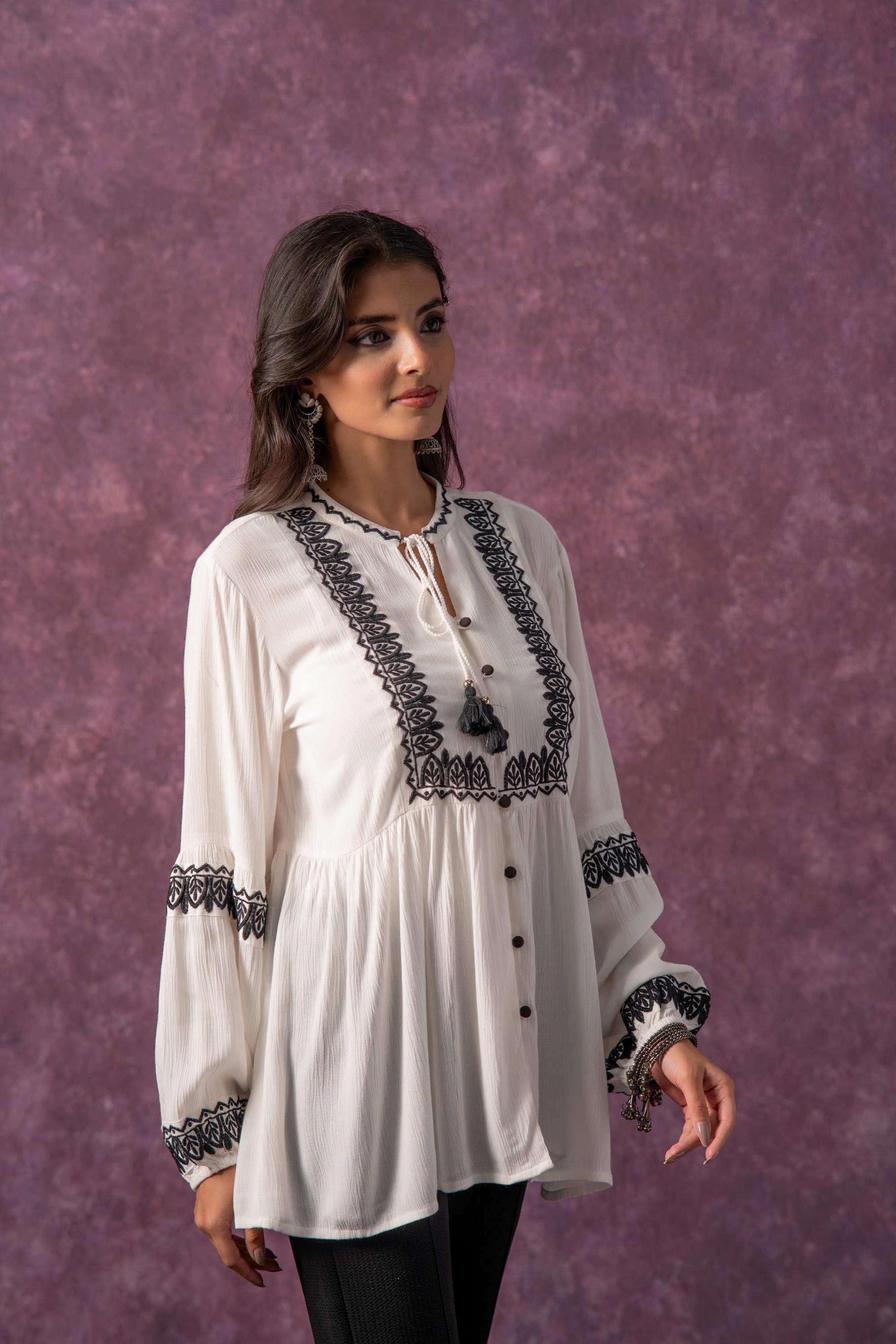 Buy Juniper White Embroidered Viscose Tie Up NeckÂ Women Tunic