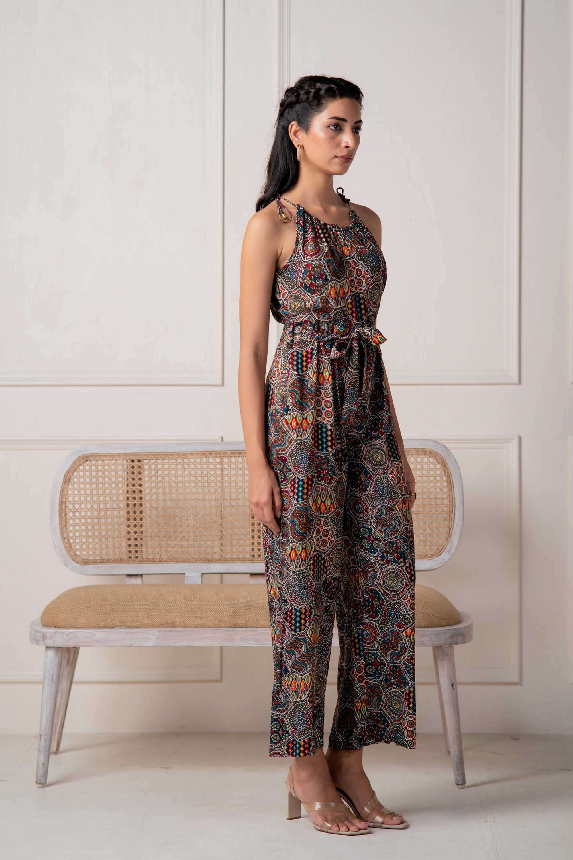 Printed Viscose Round Neck Women's Festive Wear Jumpsuit