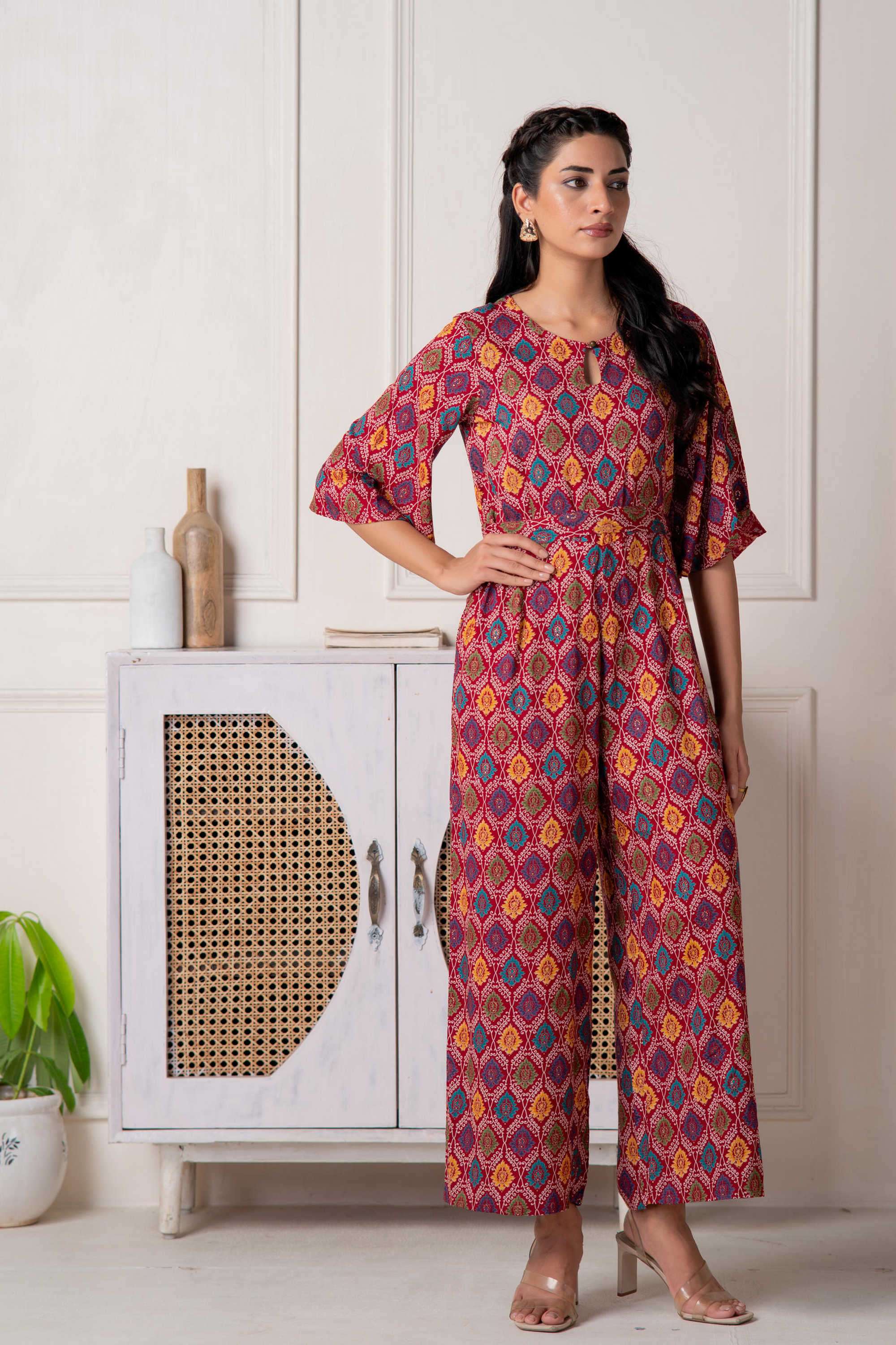 Printed Viscose Round Neck Women's Festive Wear Jumpsuit