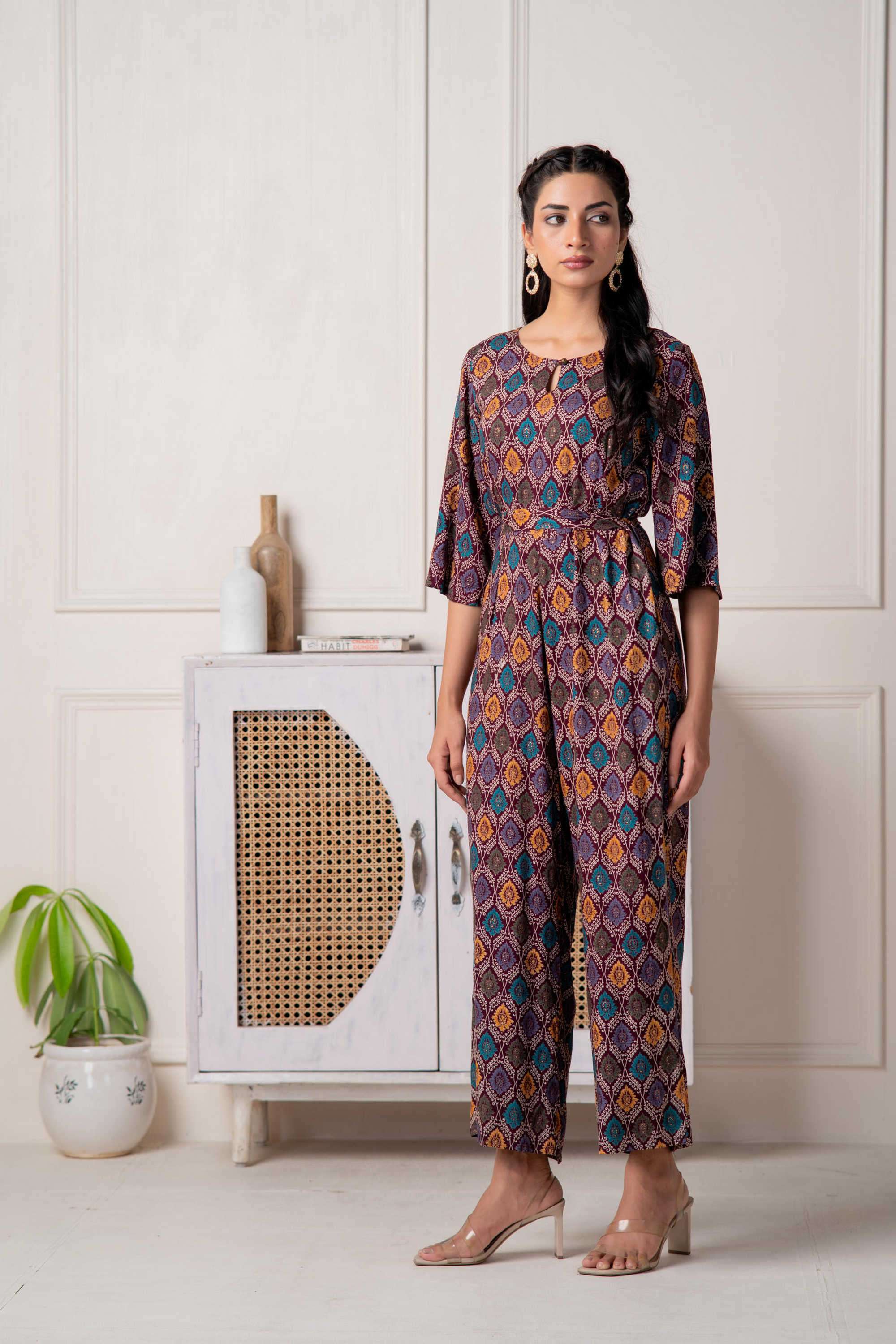 Printed Viscose Round Neck Women's Festive Wear Jumpsuit