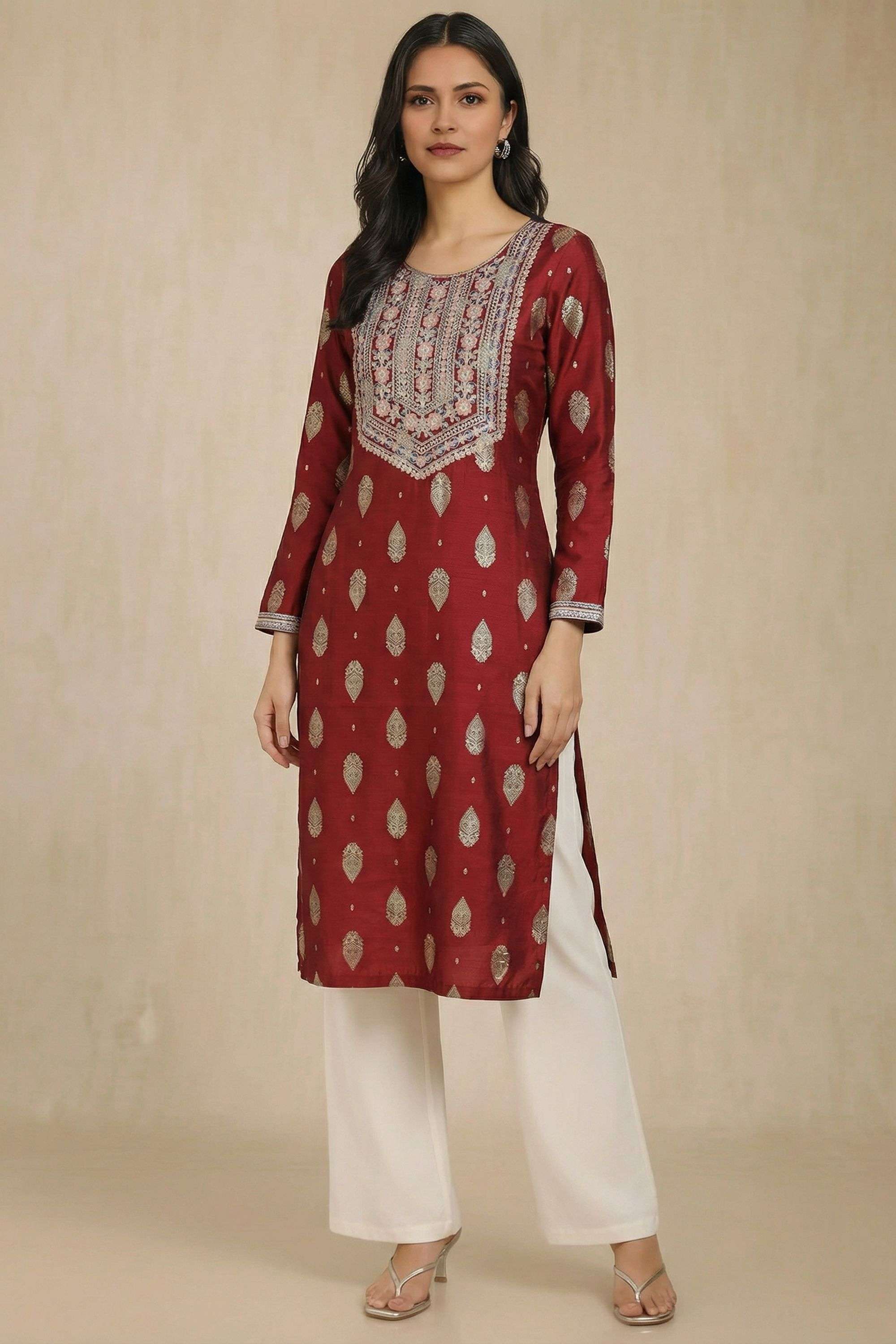Embroidered-Blended-Fabric-Round-Neck-Women-s-Casual-Wear-Kurta