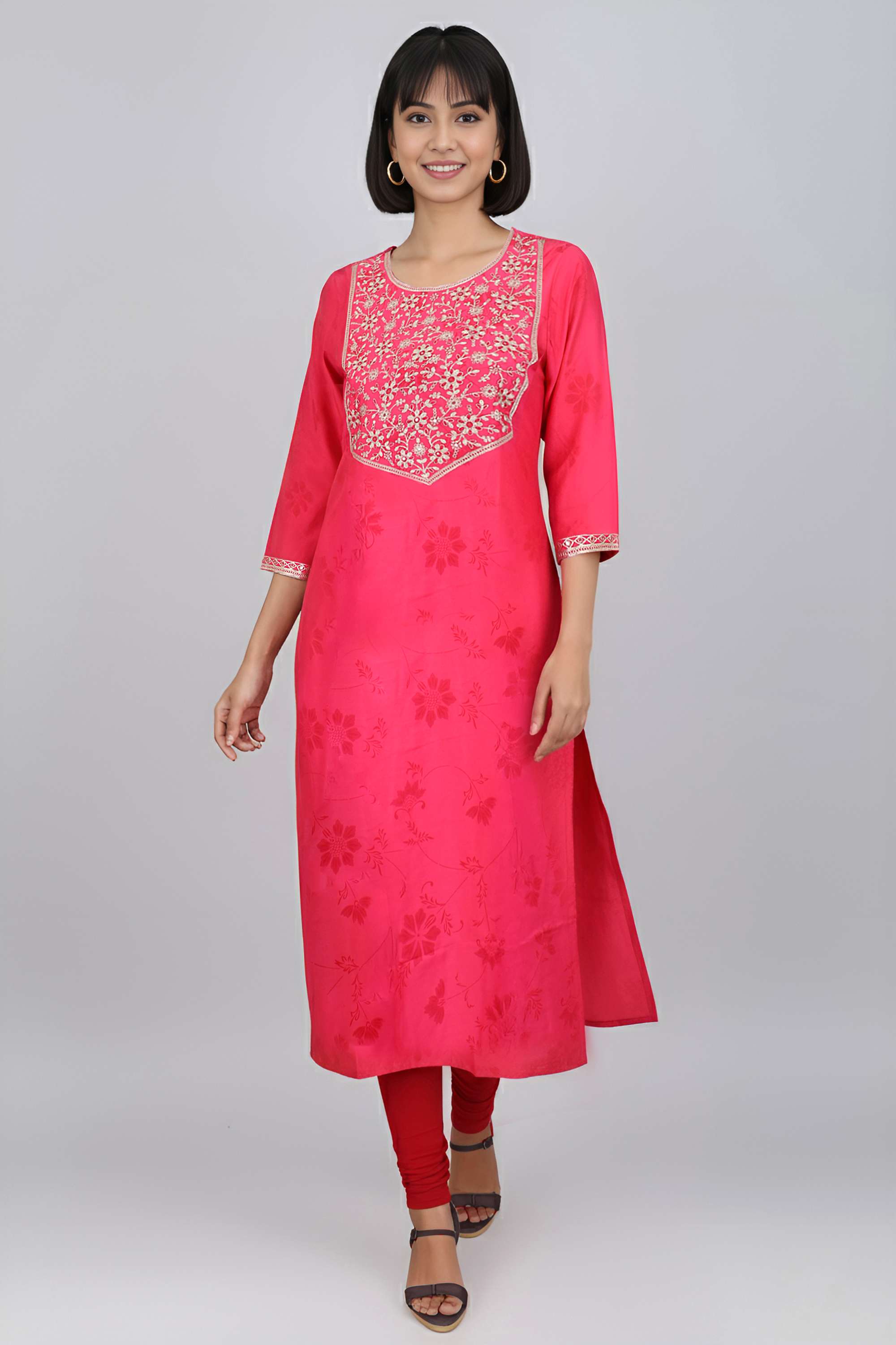Embroidered-Blended-Fabric-Round-Neck-Women-Fusion-Wear-Kurta