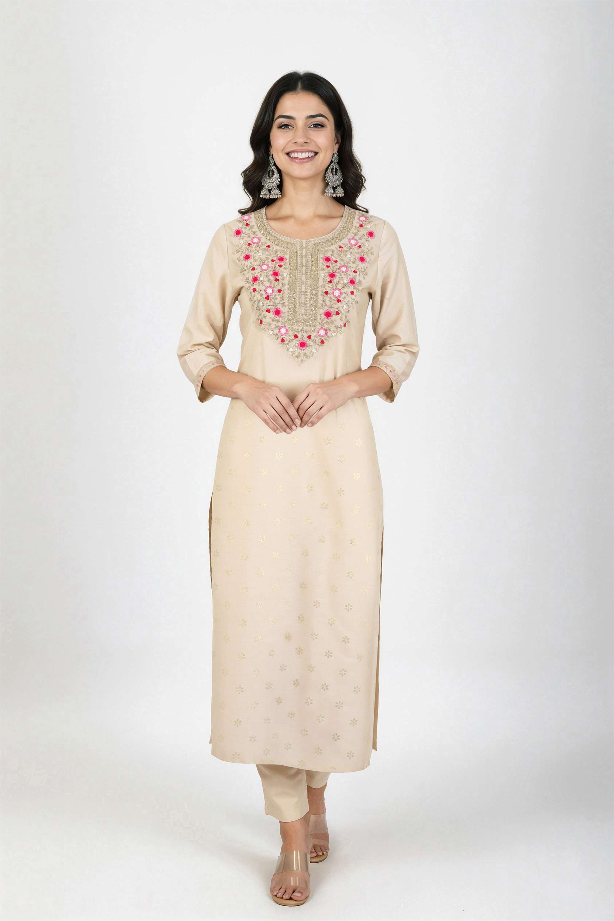 Embroidered-Blended-Fabric-Round-Neck-Women-Fusion-Wear-Kurta