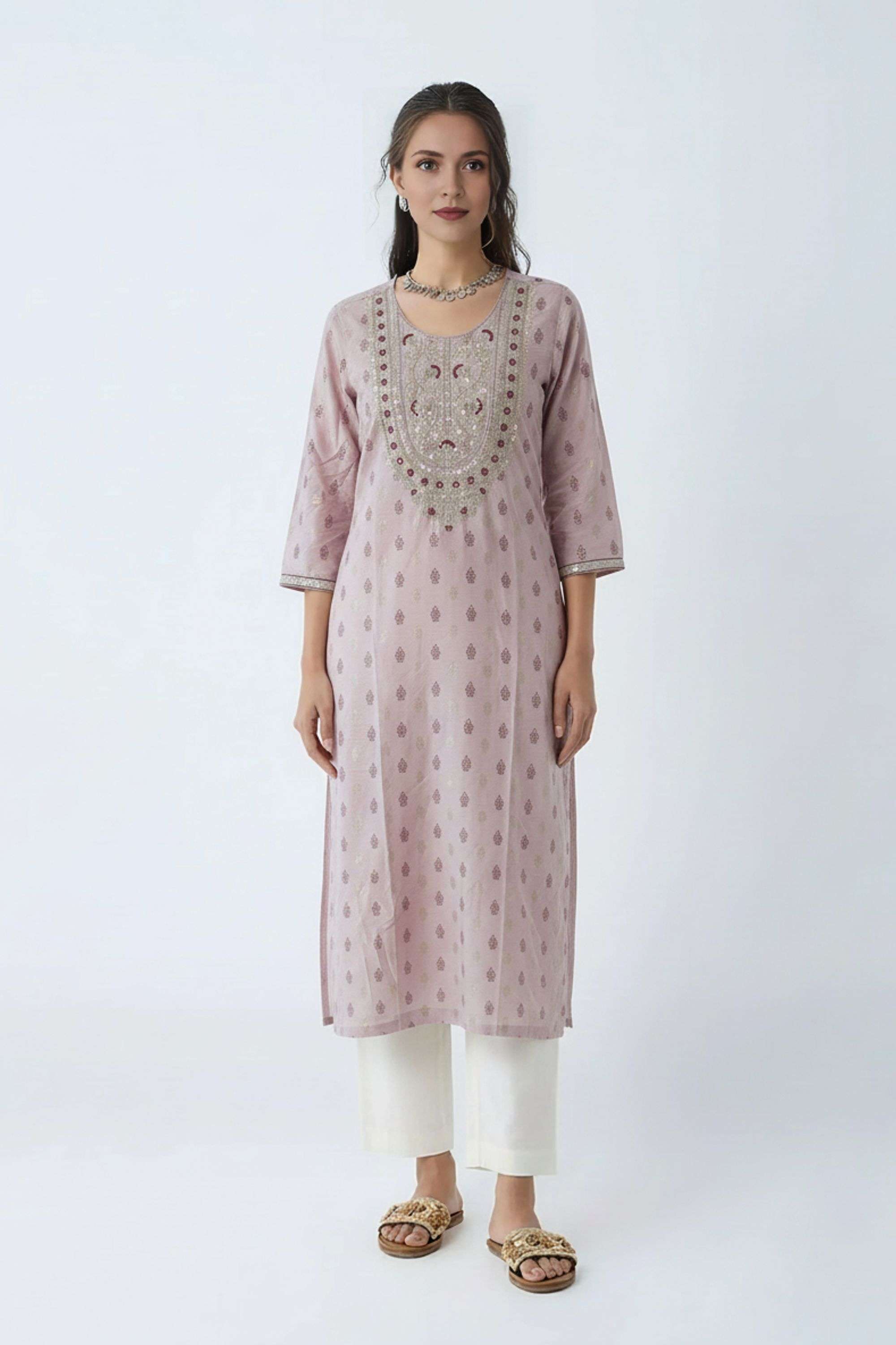 Solid-Blended-Fabric-Y-Neck-Women-Fusion-Wear-Kurta