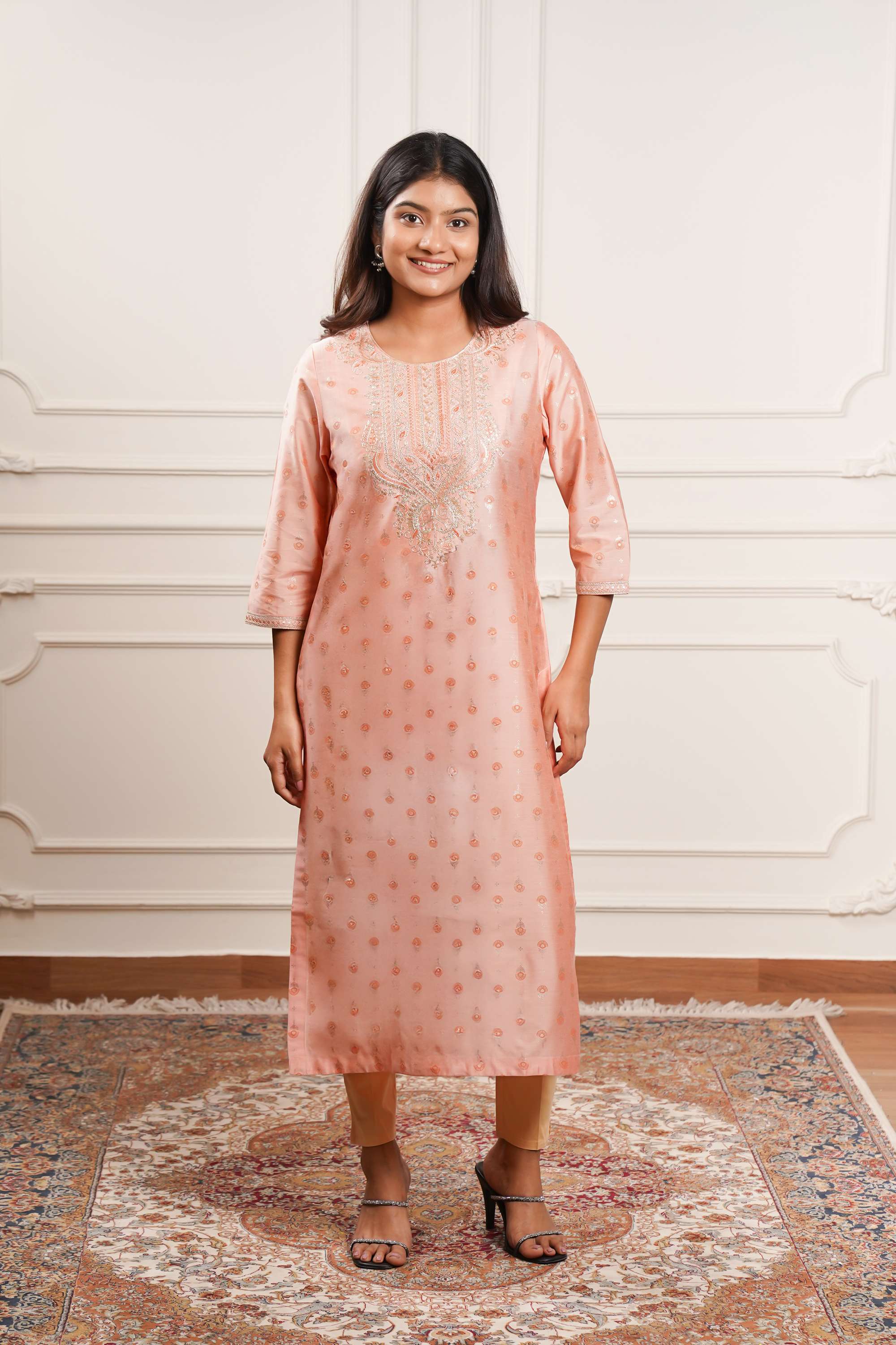 Embroidered-Polyester-Round-Neck-Women-Casual-Wear-Kurta