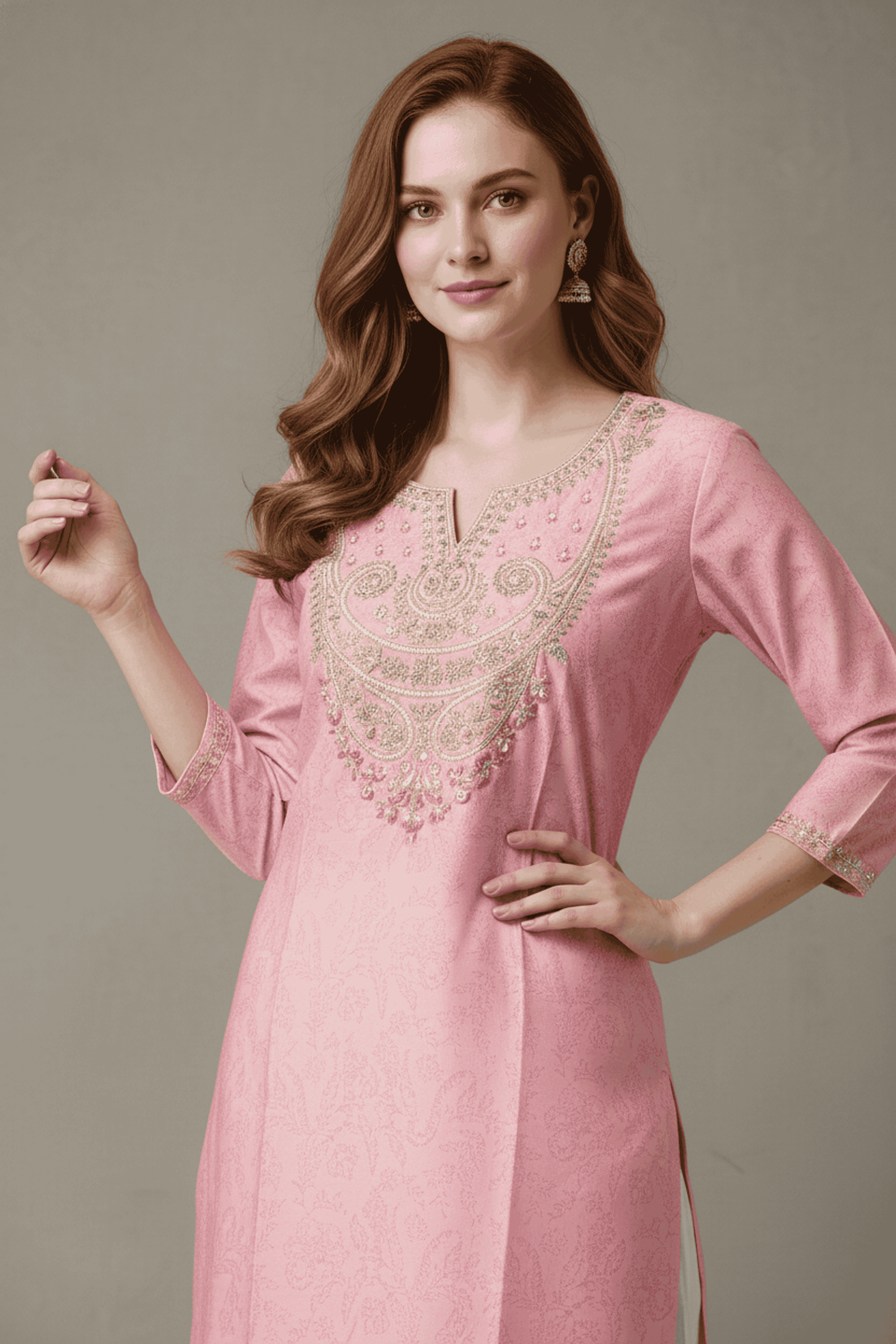 Embroidered-Blended-Fabric-Henley-Women-Fusion-Wear-Kurta