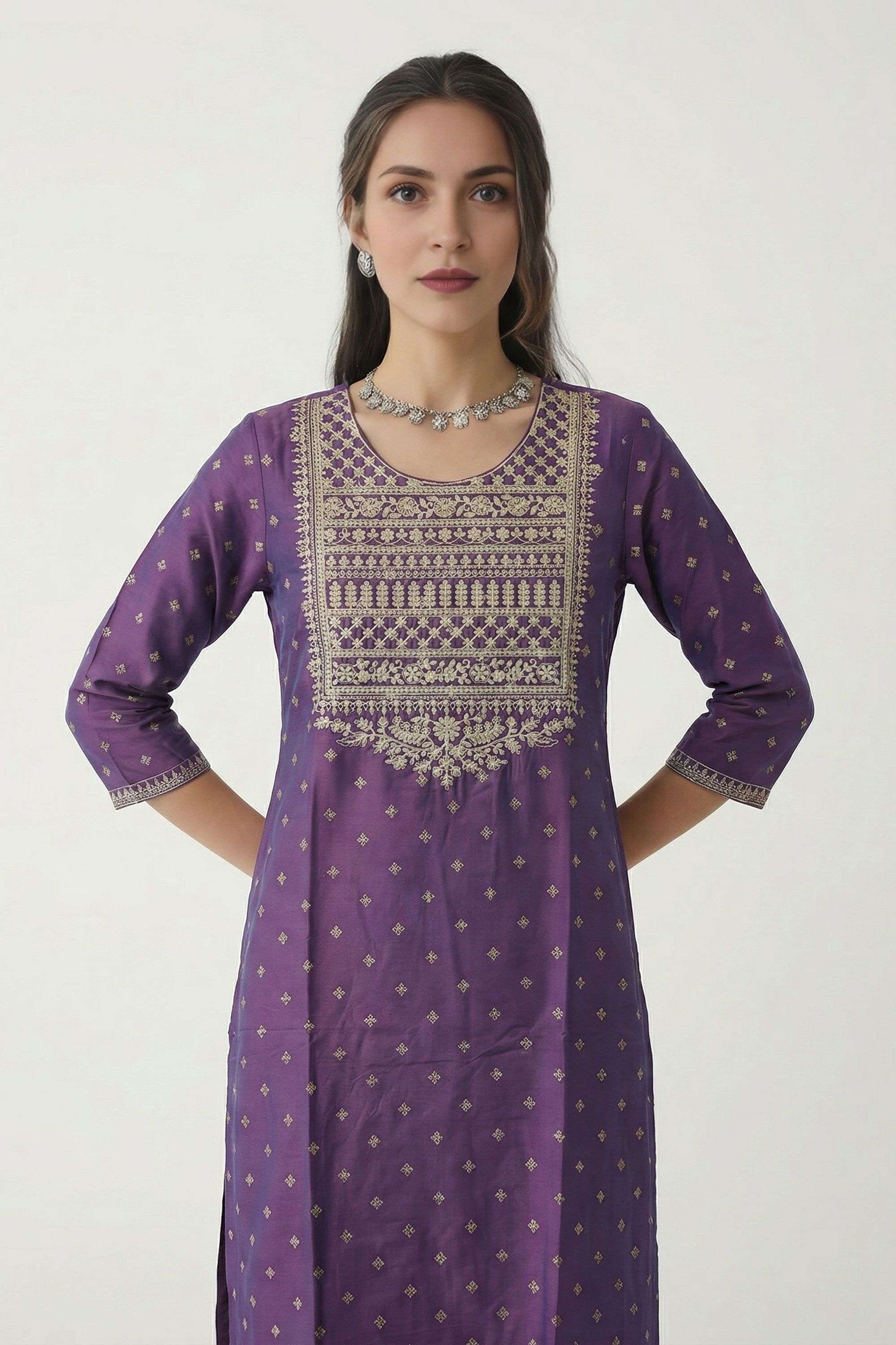 Embroidered-Blended-Fabric-Round-Neck-Women-Fusion-Wear-Kurta