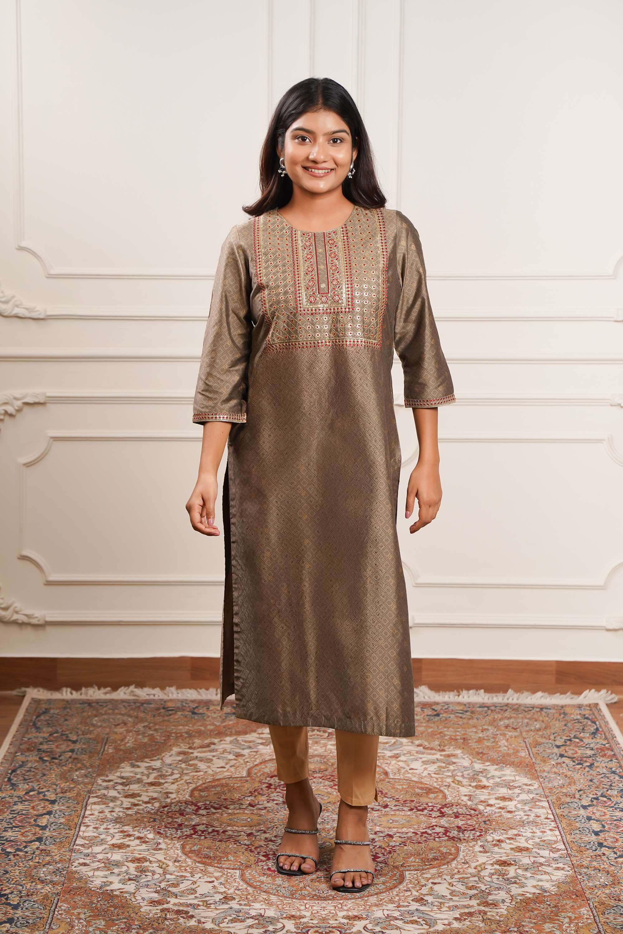 Embroidered-Polyester-Round-Neck-Women-Casual-Wear-Kurta
