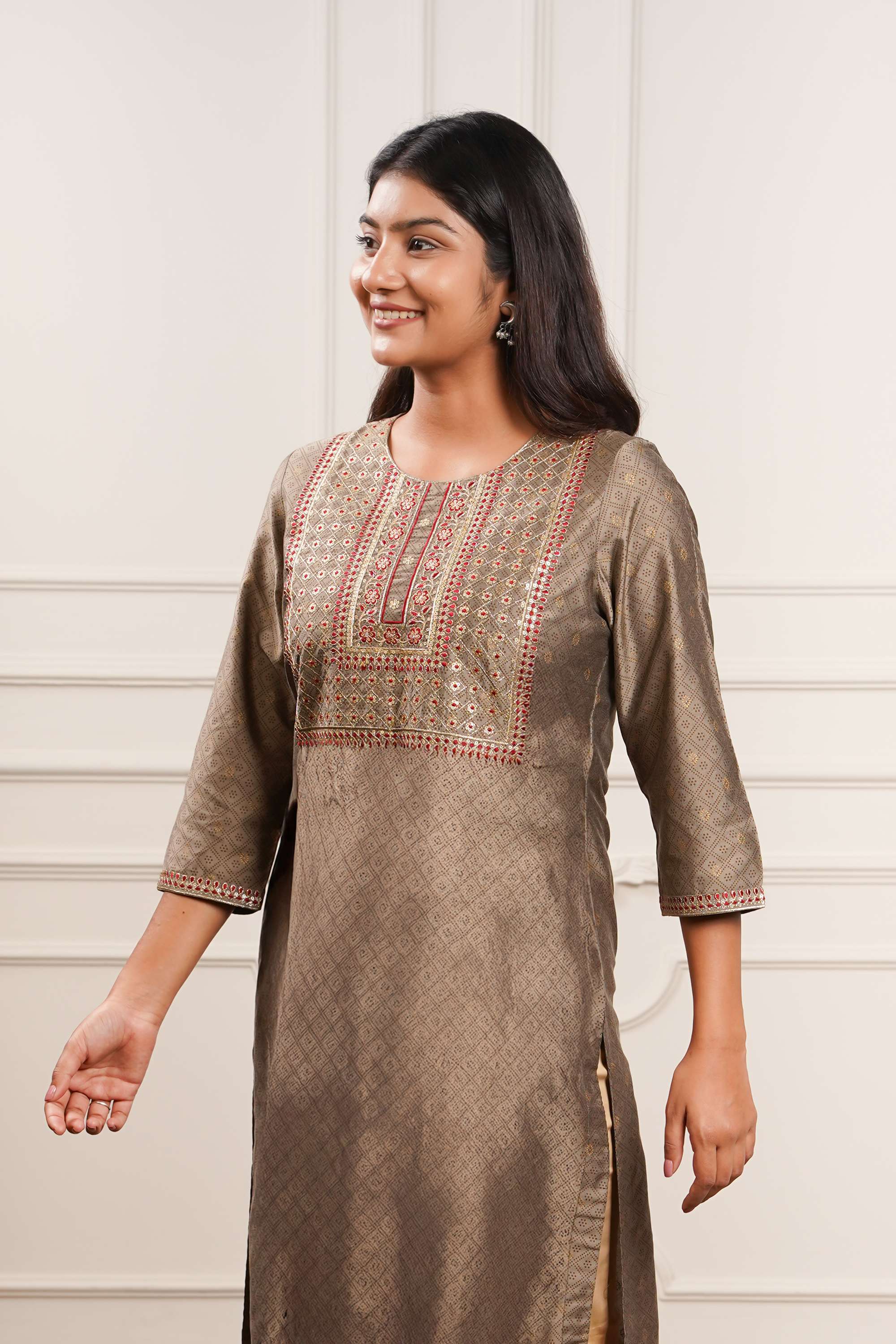 Embroidered-Polyester-Round-Neck-Women-Casual-Wear-Kurta