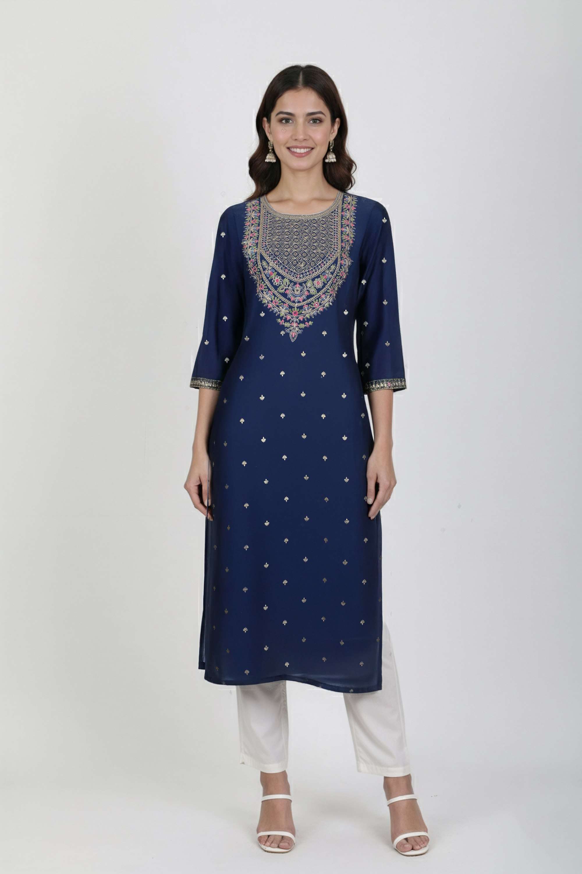 Embroidered-Blended-Fabric-Round-Neck-Women-Fusion-Wear-Kurta