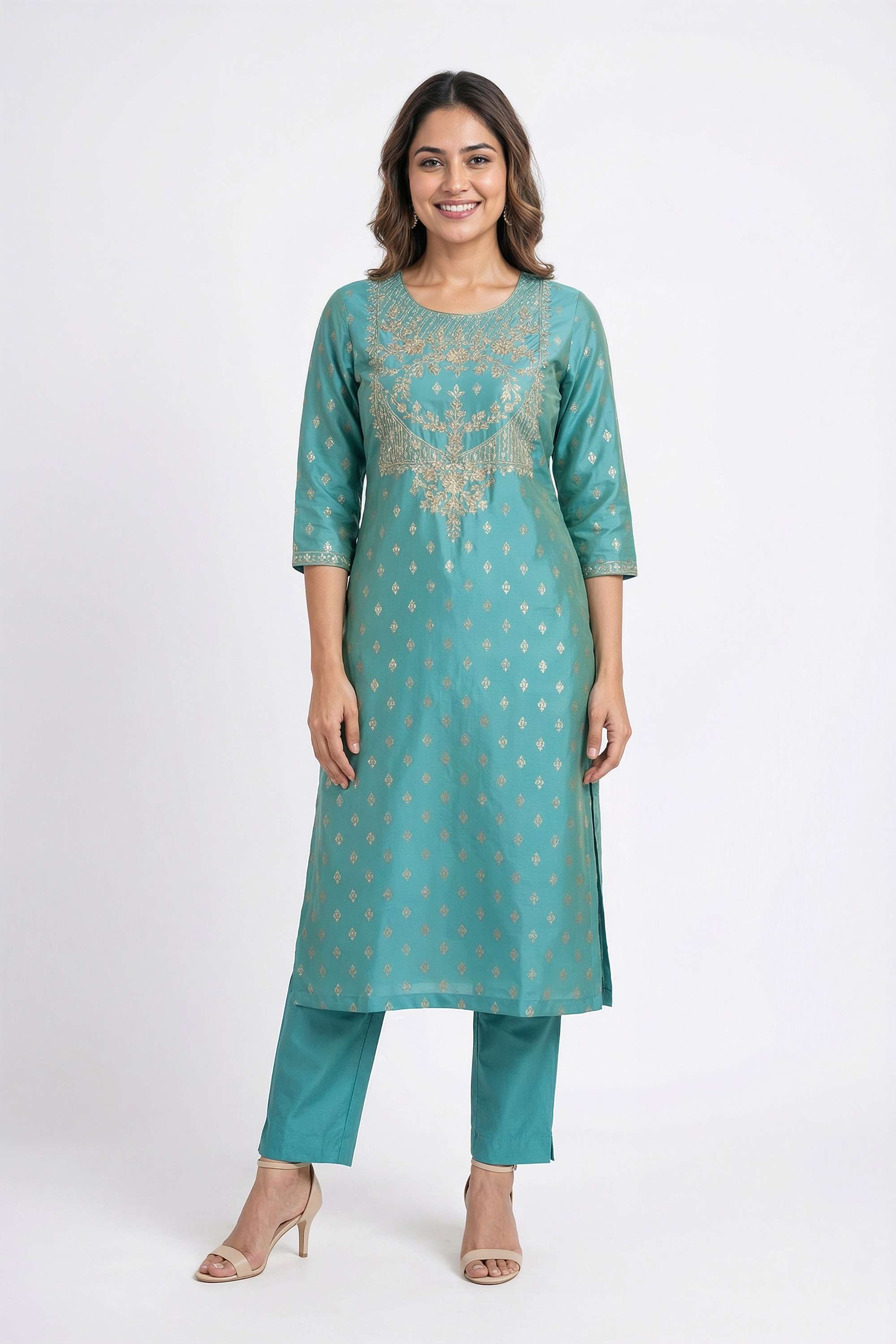 Floral-Blended-Fabric-Round-Neck-Women-Fusion-Wear-Kurta