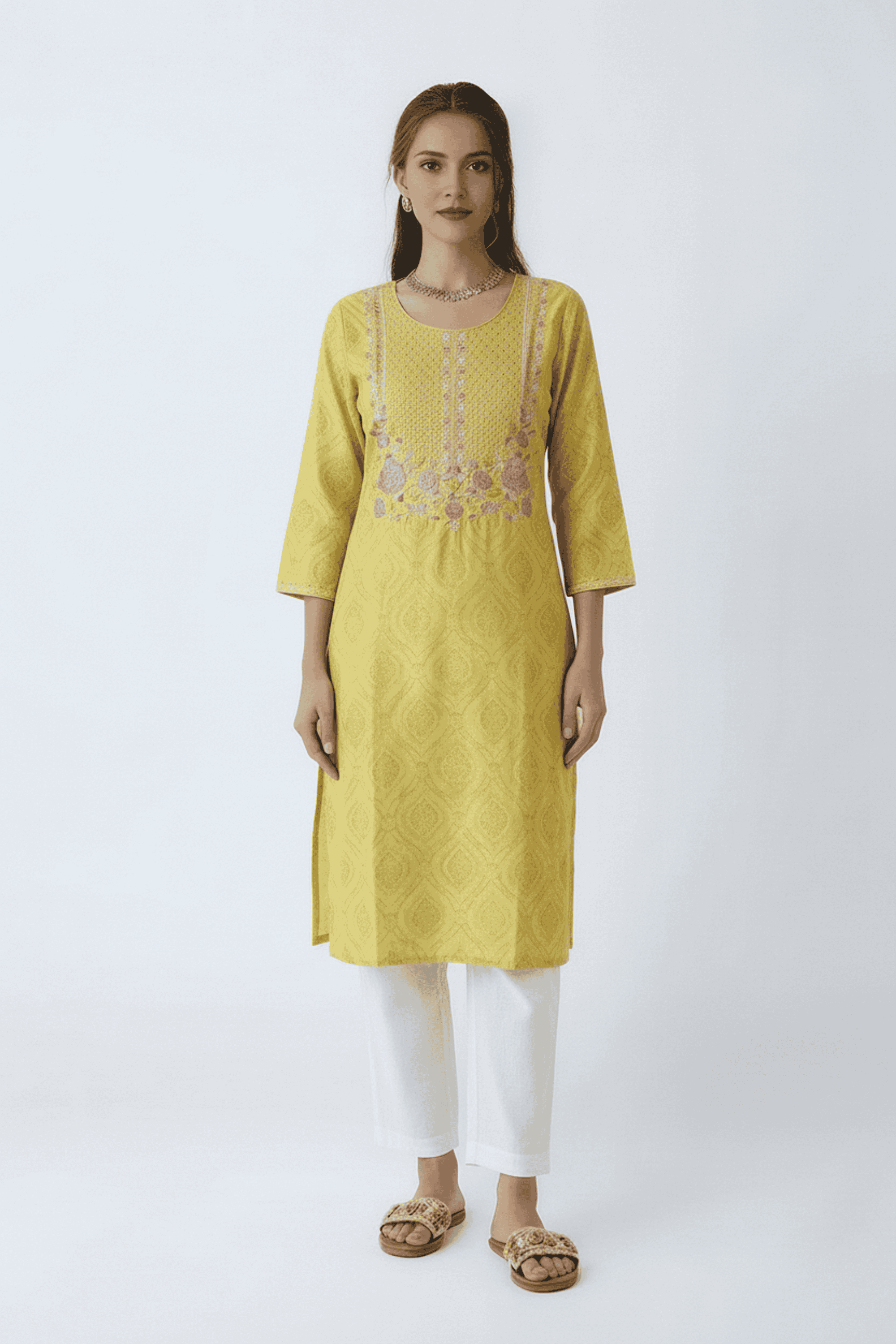 Embroidered-Blended-Fabric-Round-Neck-Women-Fusion-Wear-Kurta