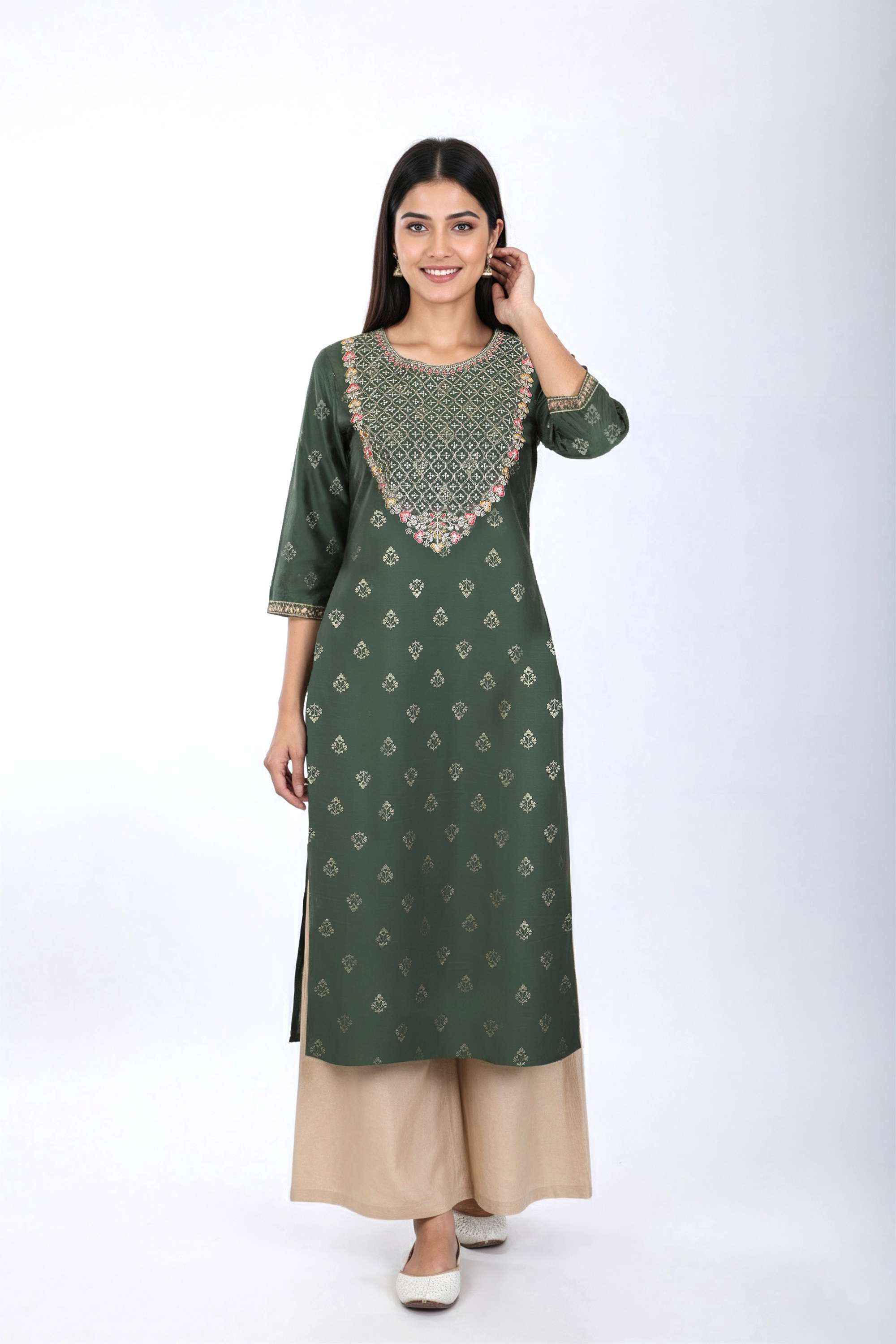 Embroidered-Blended-Fabric-Y-Neck-Women-Fusion-Wear-Kurta