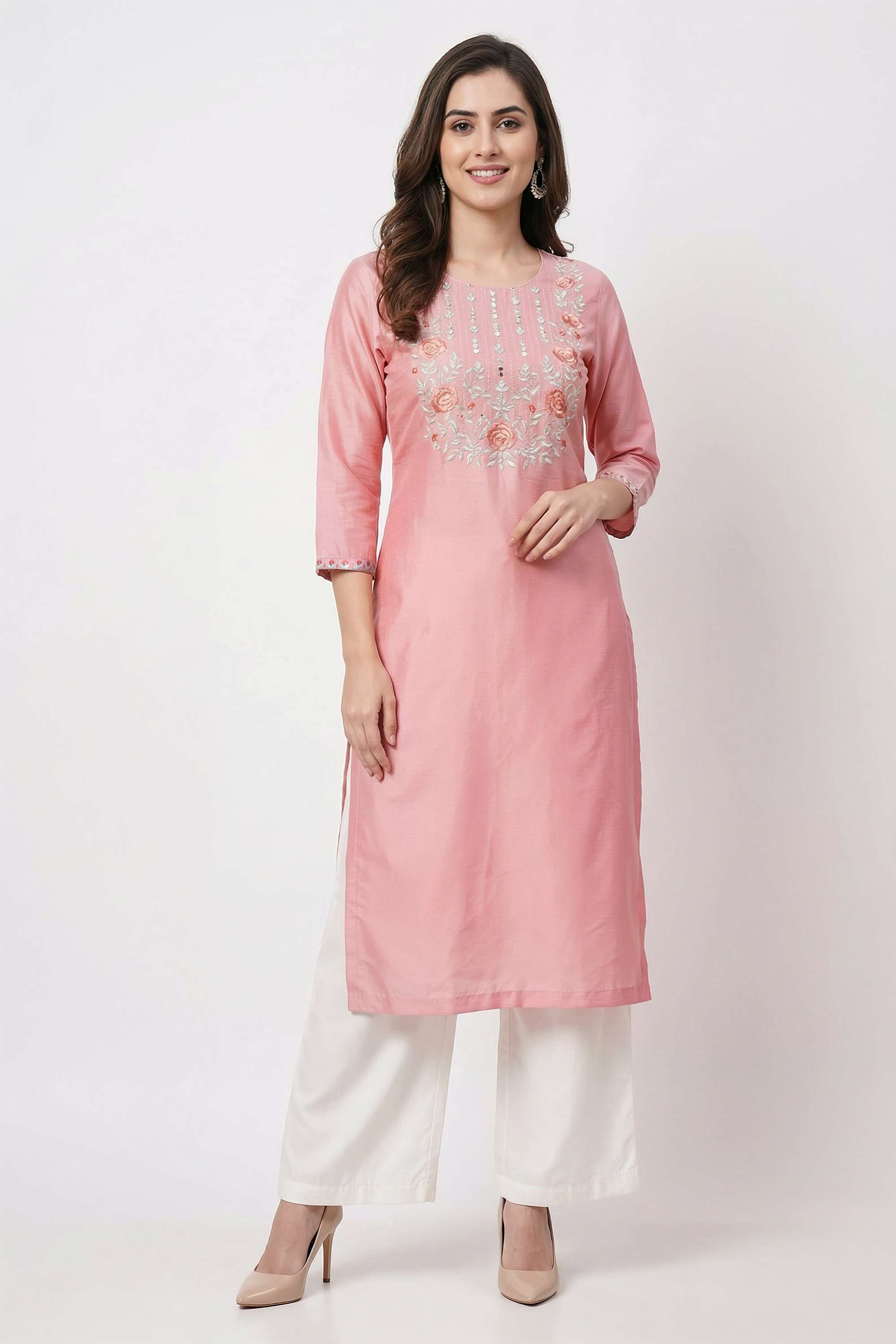 Floral-Blended-Fabric-Round-Neck-Women-s-Casual-Wear-Kurta