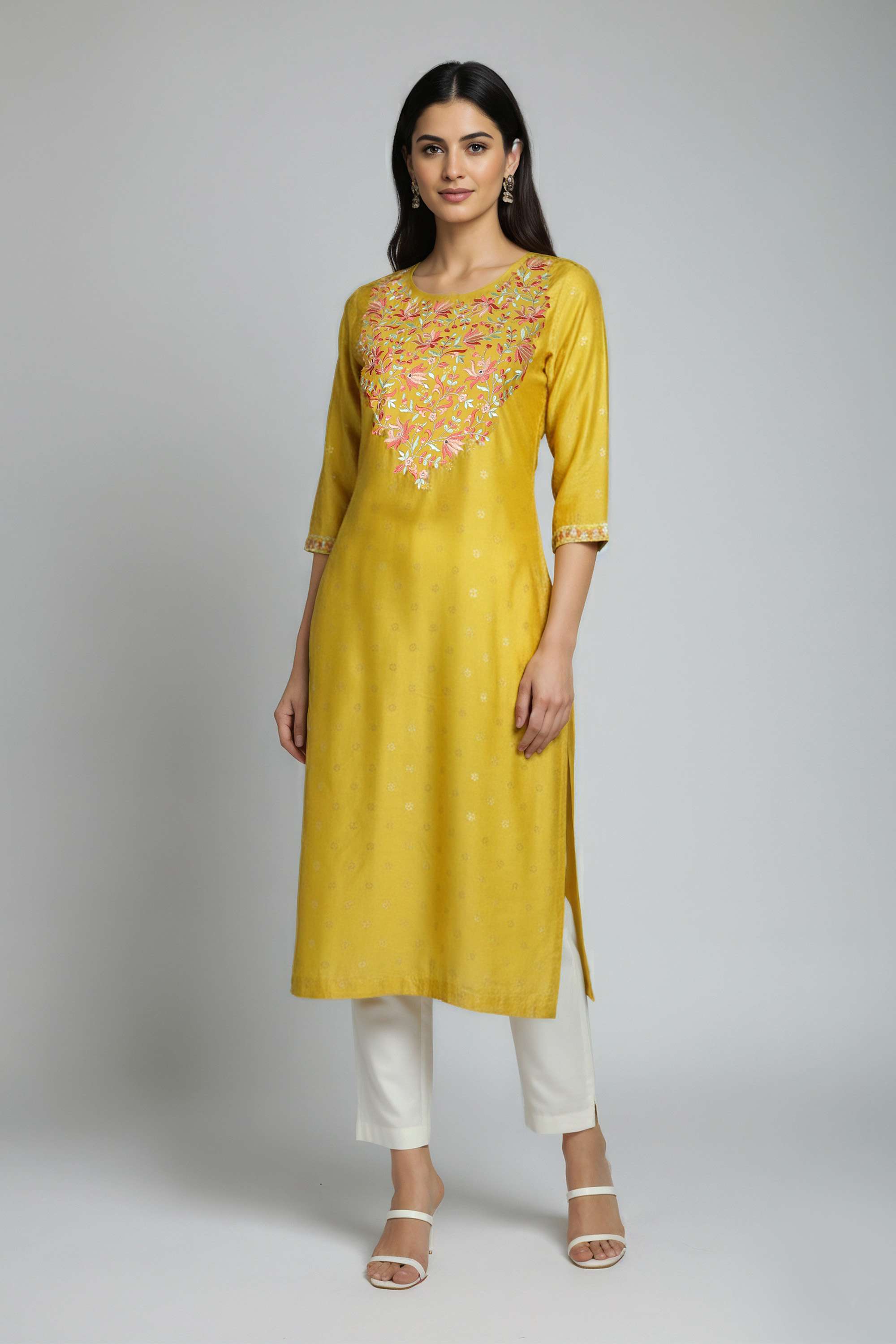 Floral-Blended-Fabric-Y-Neck-Women-s-Casual-Wear-Kurta