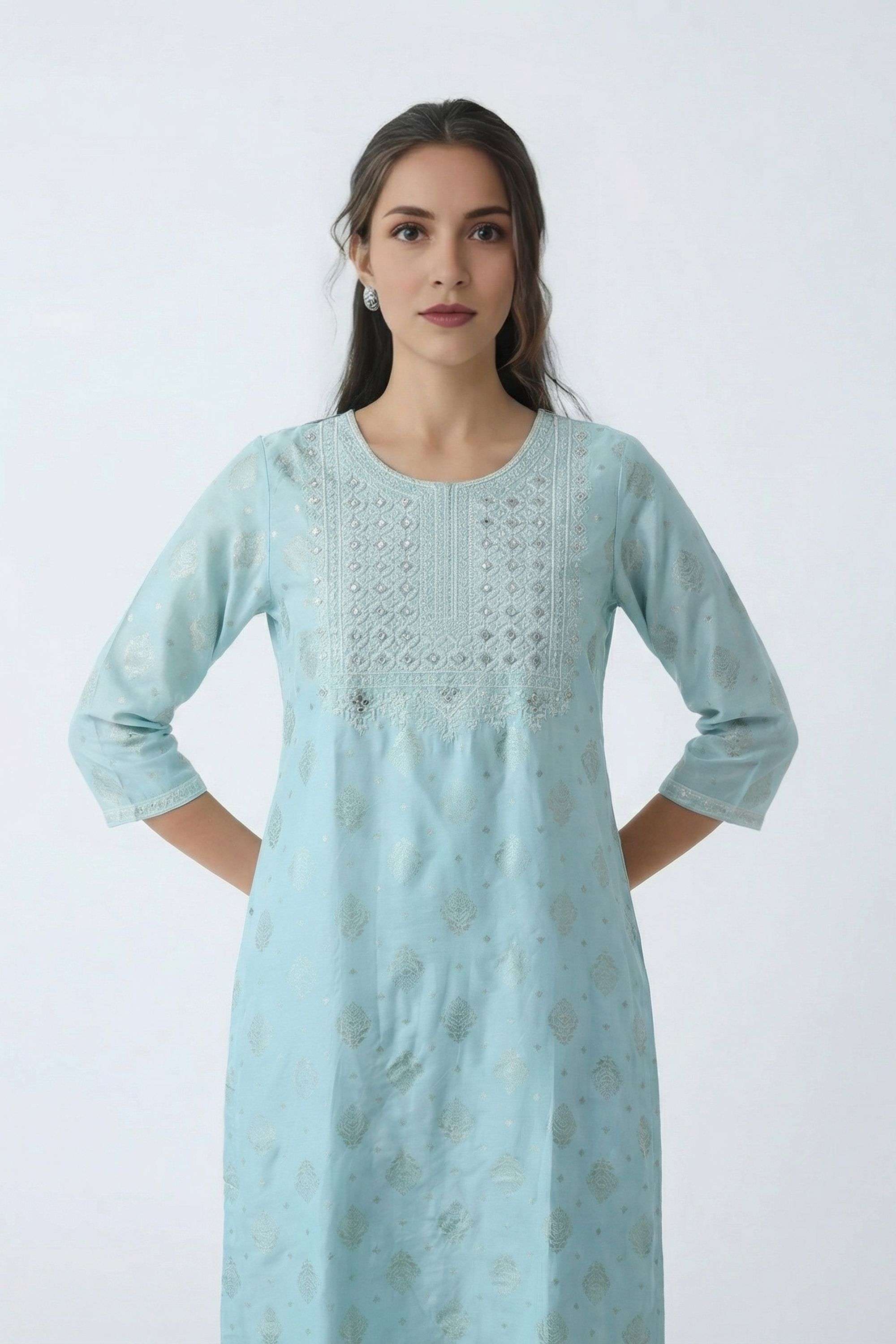 Floral-Blended-Fabric-Round-Neck-Women-Fusion-Wear-Kurta