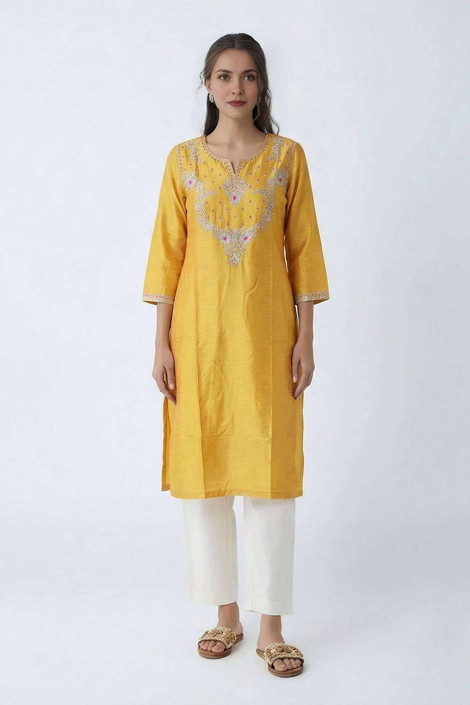 Embroidered-Blended-Fabric-Henley-Women-Fusion-Wear-Kurta