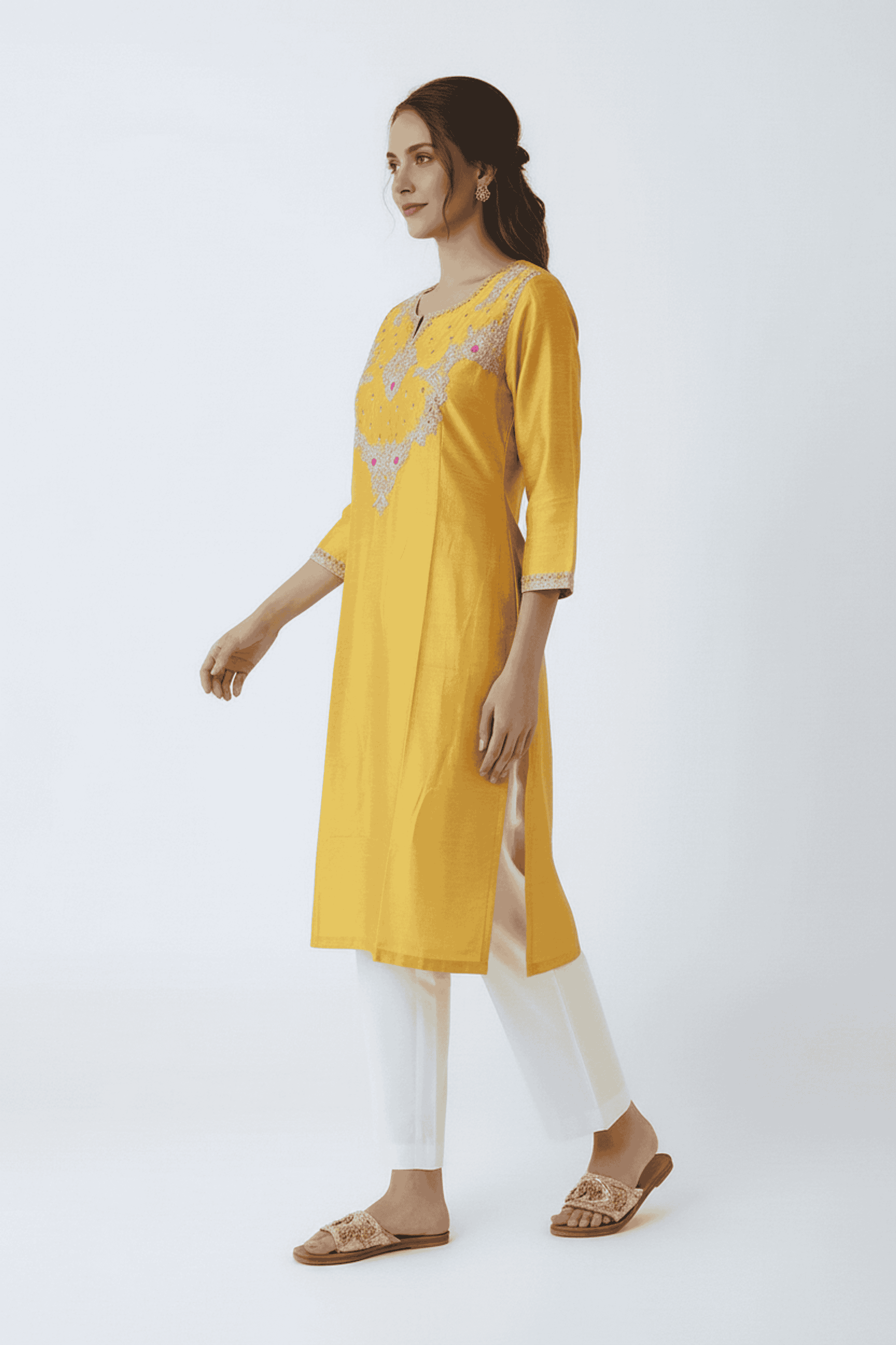 Embroidered-Blended-Fabric-Henley-Women-Fusion-Wear-Kurta