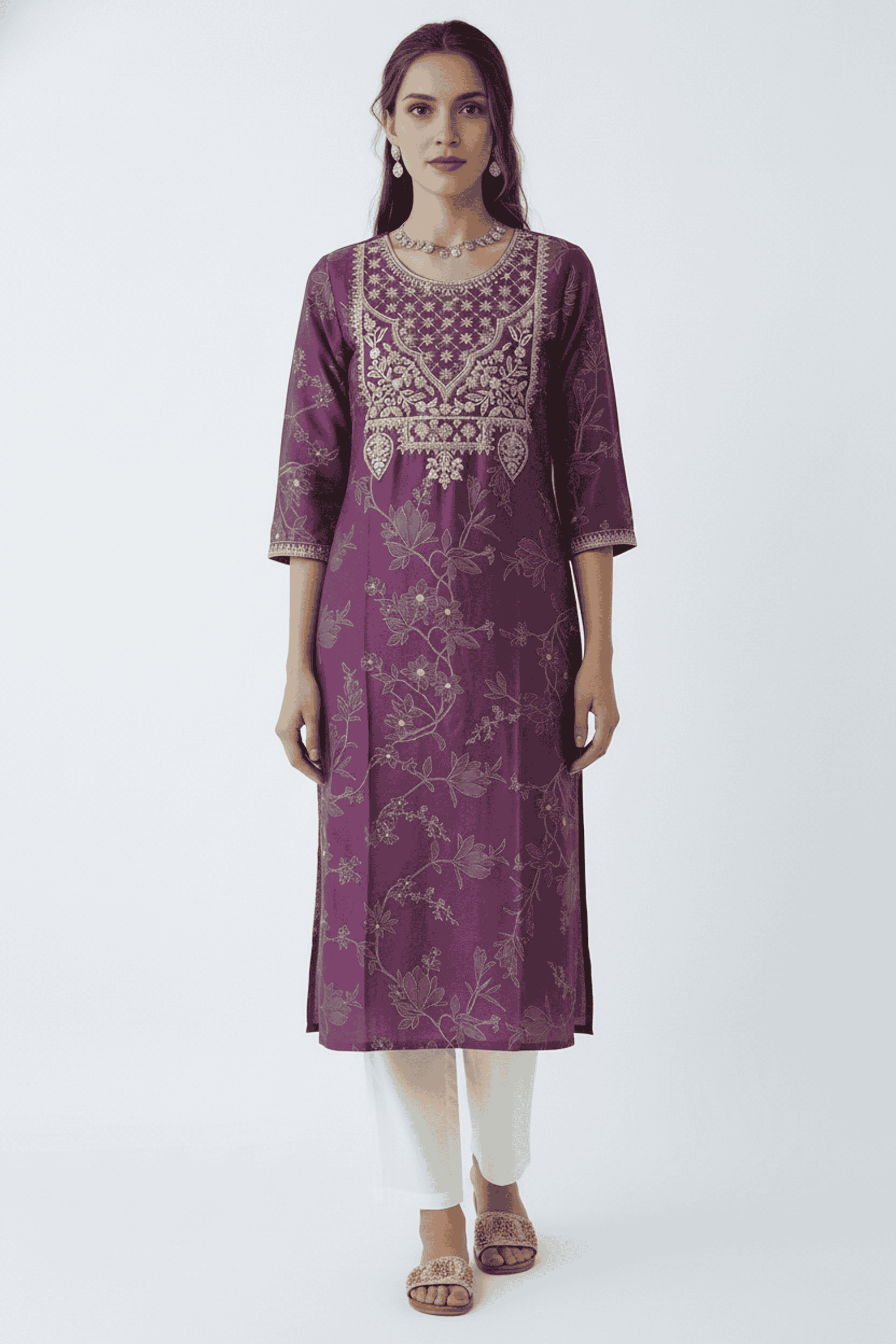 Embroidered-Blended-Fabric-Round-Neck-Women-Fusion-Wear-Kurta