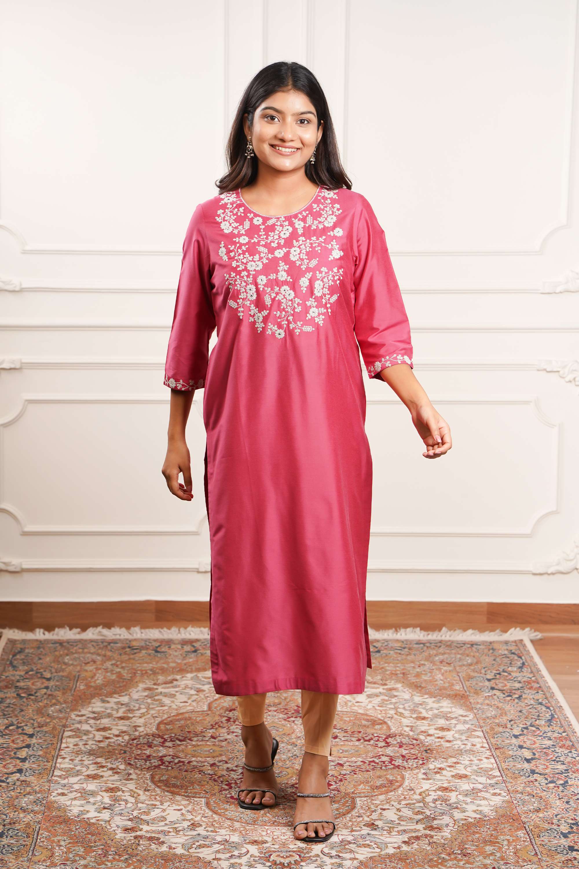 Embroidered-Polyester-Round-Neck-Women-Casual-Wear-Kurta