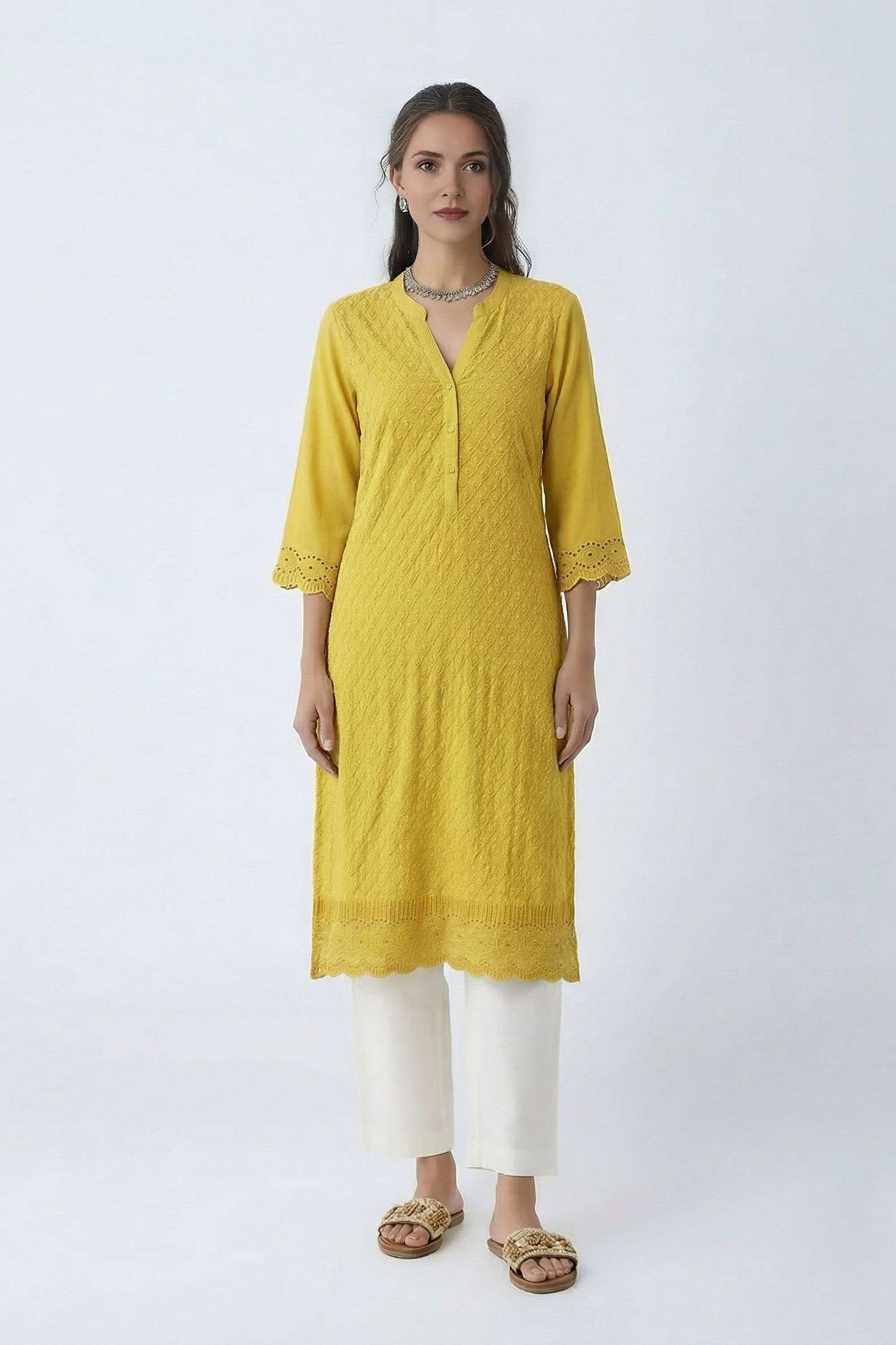 Schiffli-Blended-Fabric-Y-Neck-Women-Fusion-Wear-Kurta