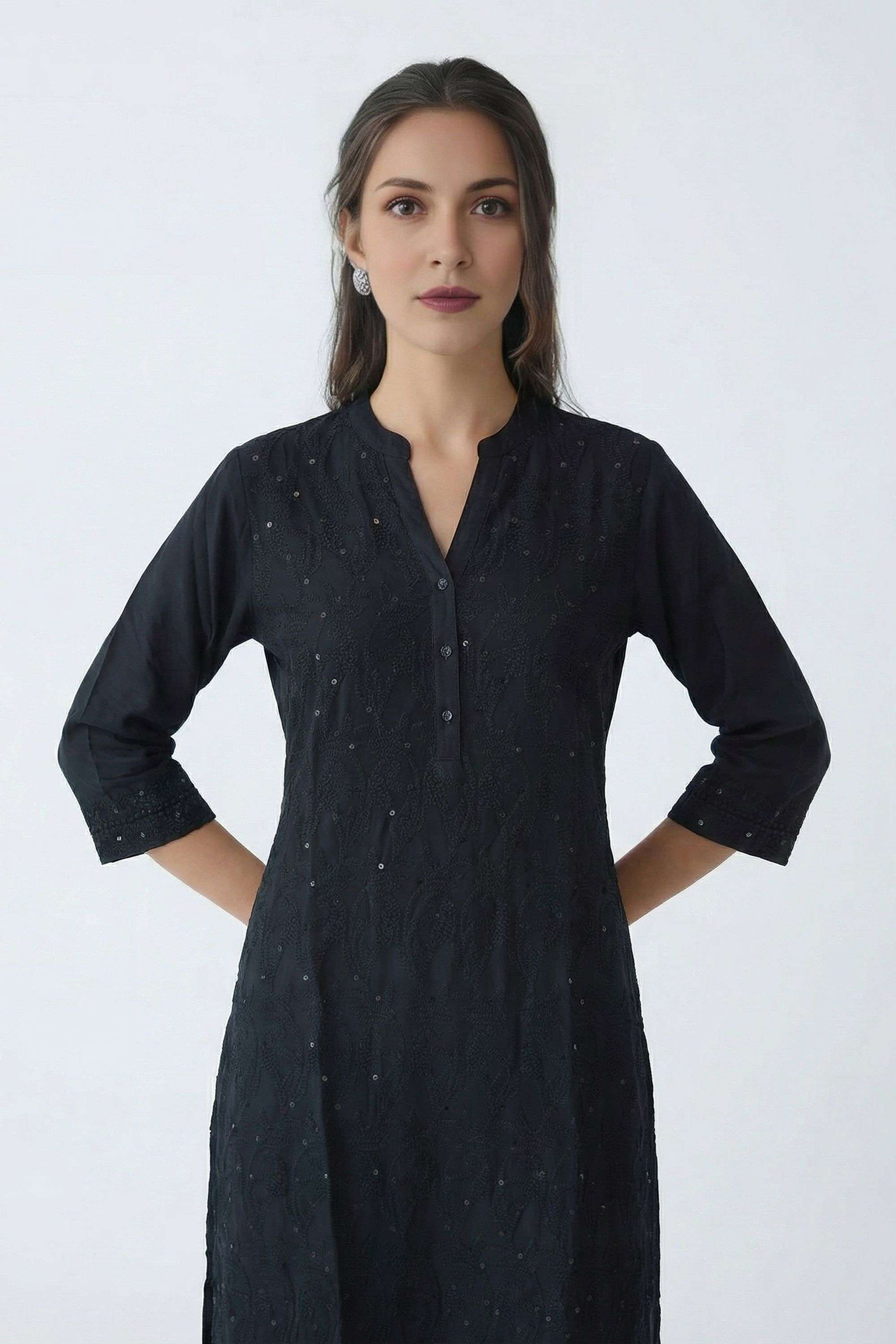Floral-Blended-Fabric-Y-Neck-Women-Fusion-Wear-Kurta