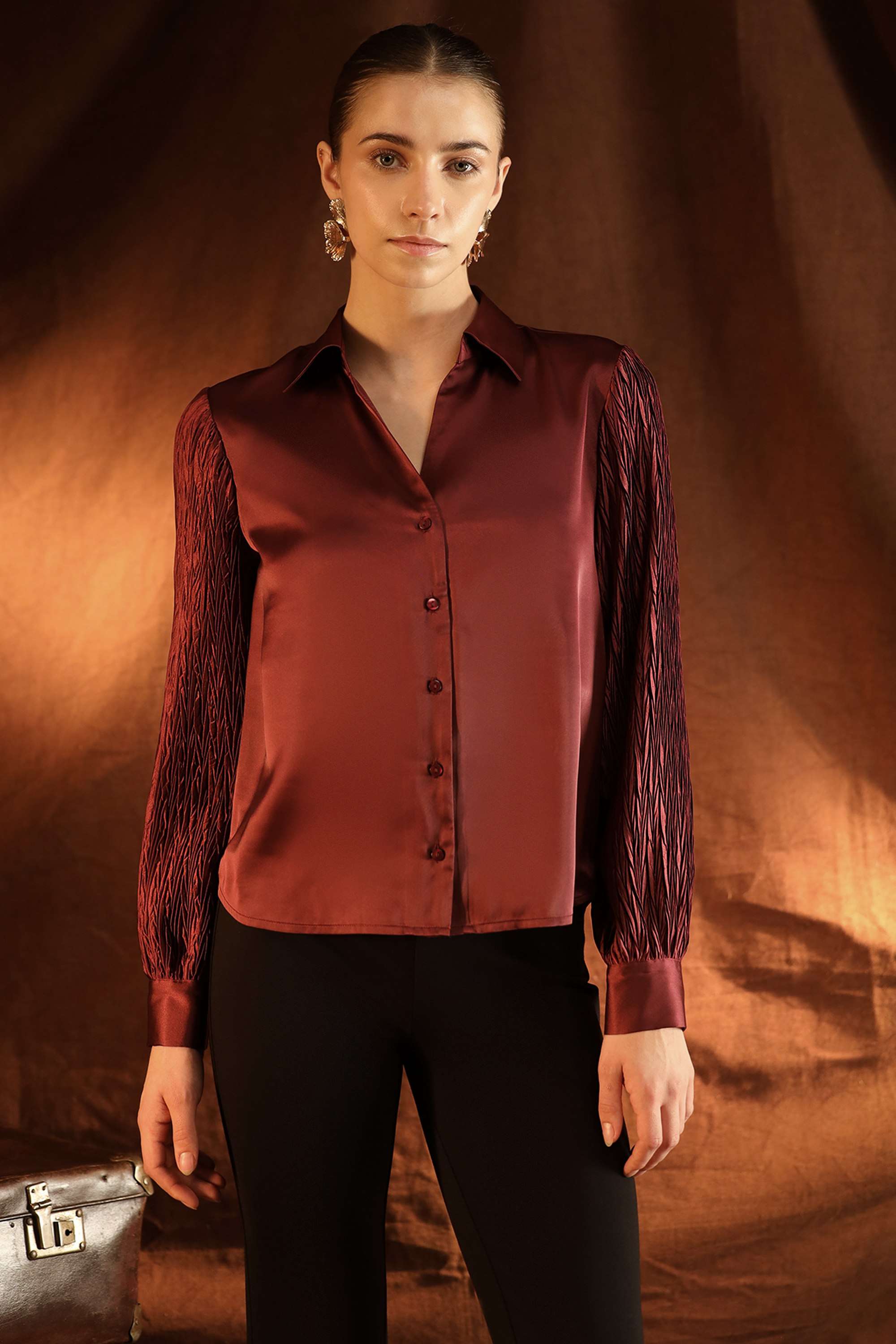 Solid-Blended-Fabric-Collared-Casual-Wear-Women-Shirts
