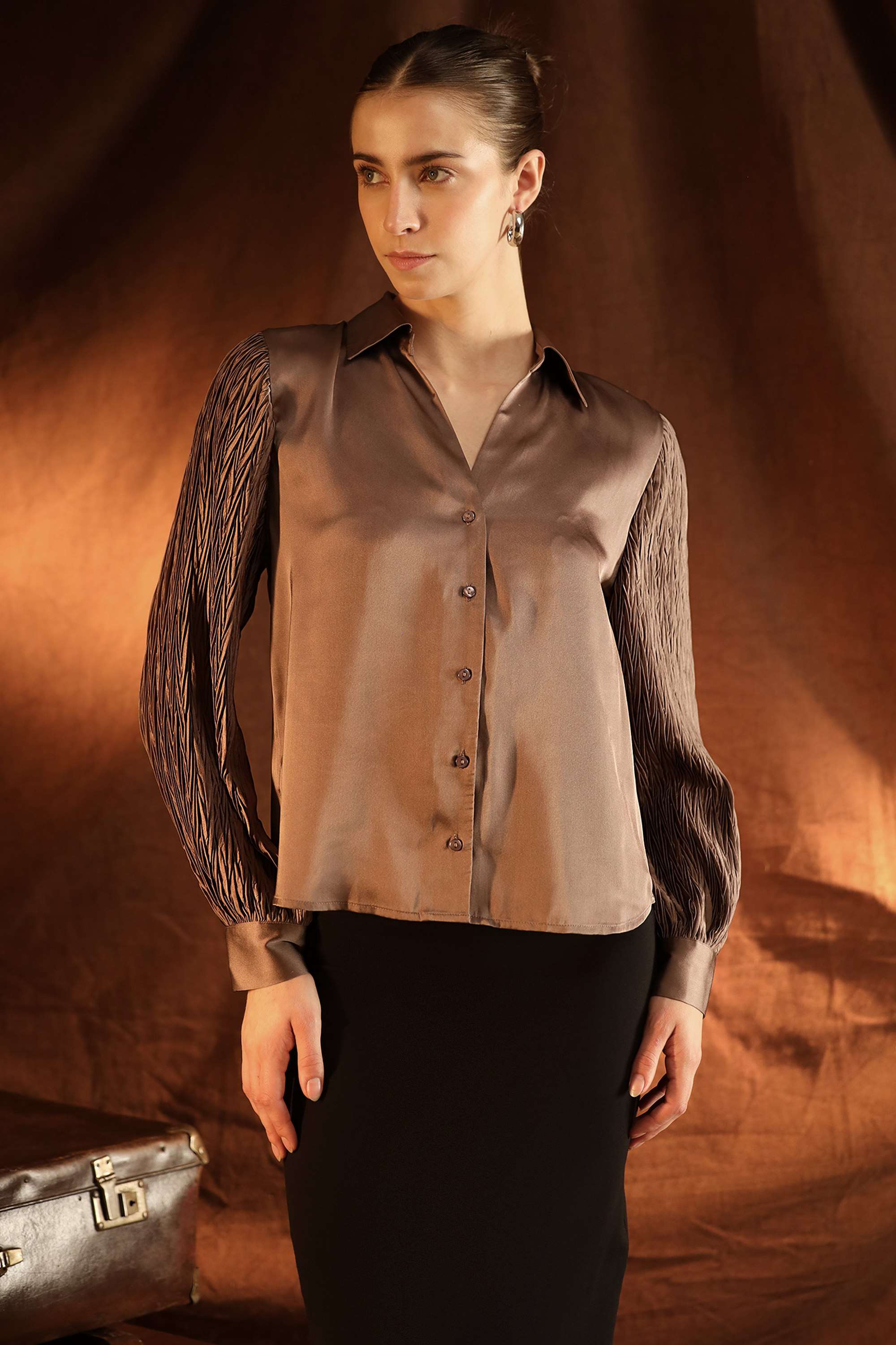 Solid-Blended-Fabric-Collared-Casual-Wear-Women-Shirts
