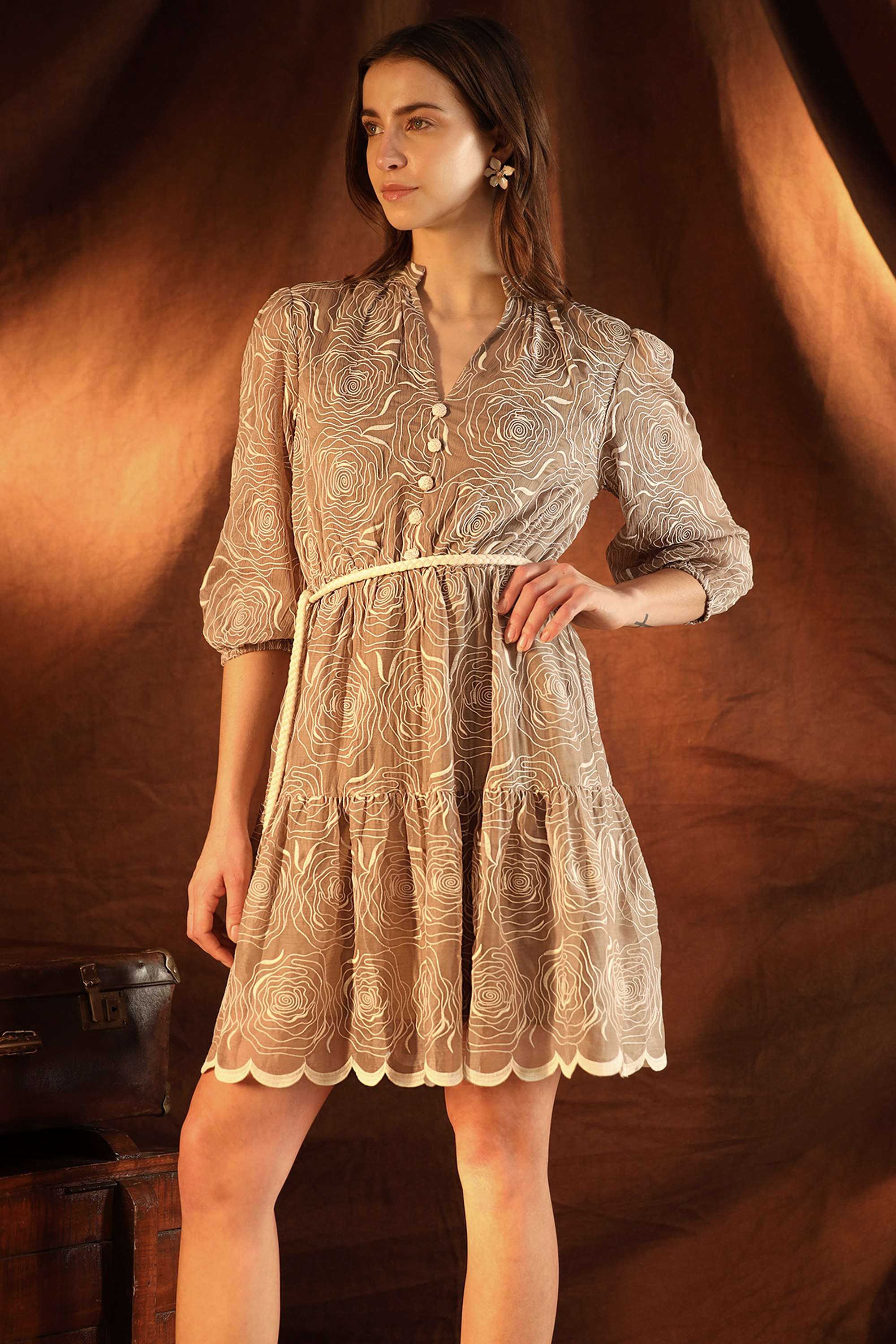 Printed-Chiffon-Collared-Women-s-Gwyneth-Mini-Dress-With-Belt