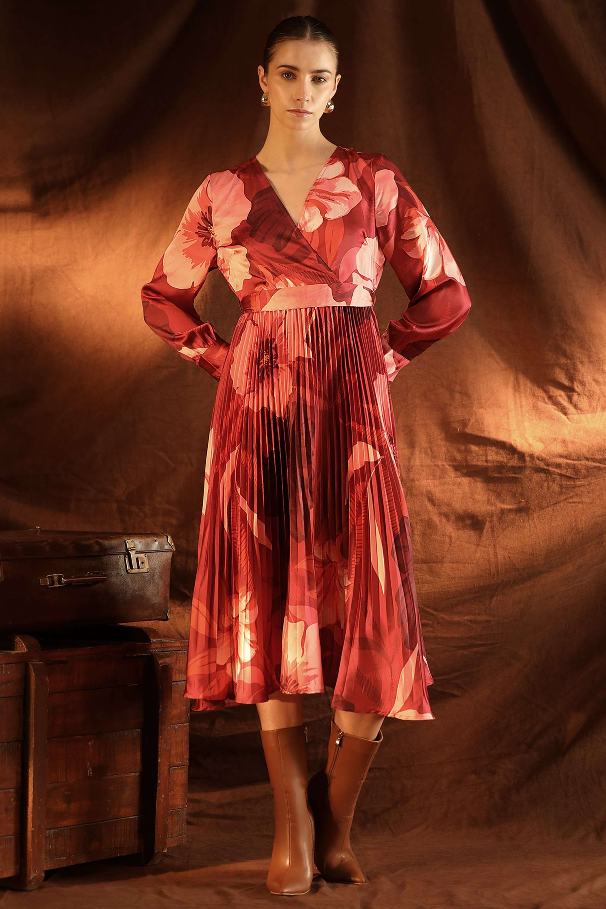 Floral-Polyester-V-Neck-Women-s-Rosario-Midi-Dress-With-Belt