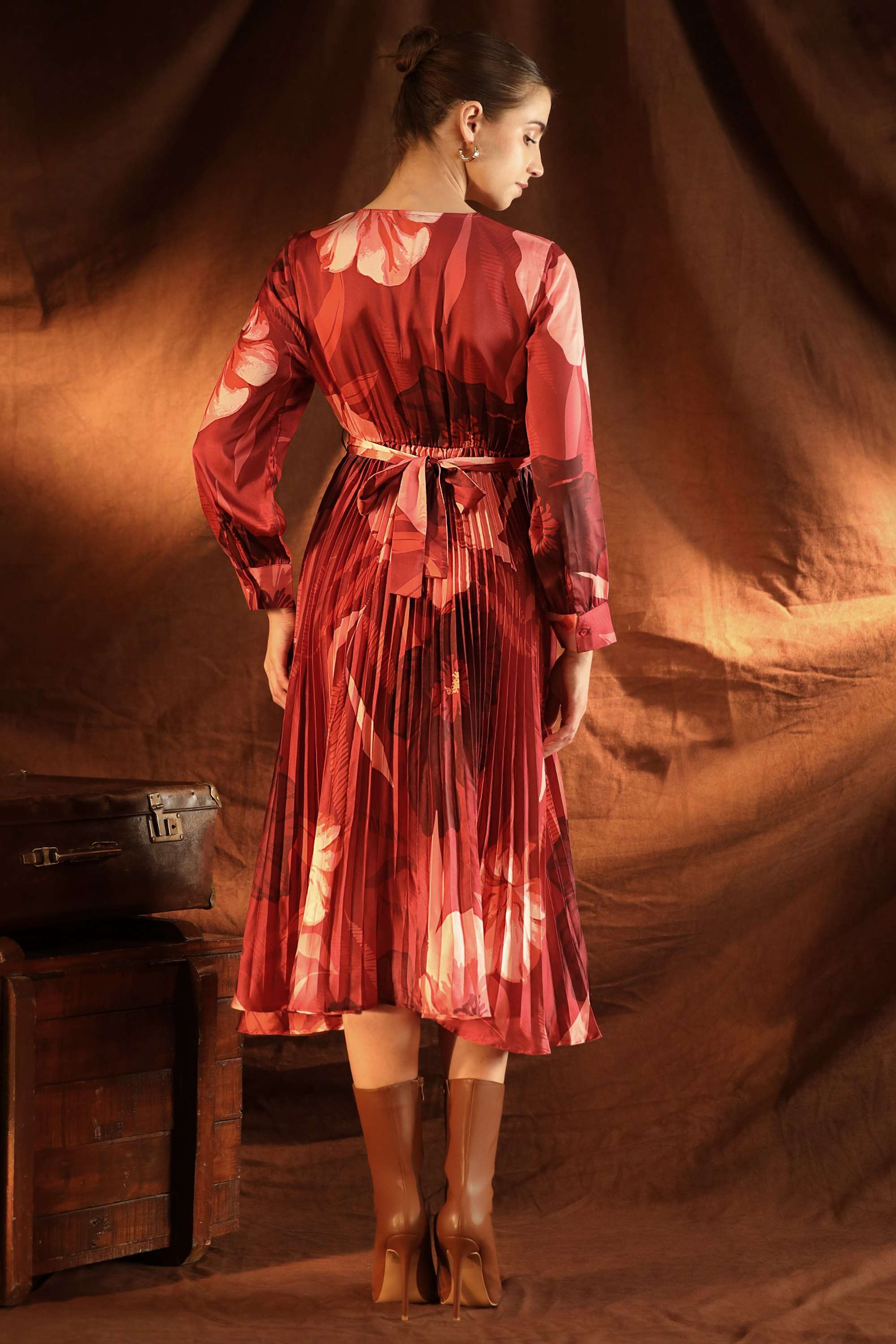 Floral-Polyester-V-Neck-Women-s-Rosario-Midi-Dress-With-Belt