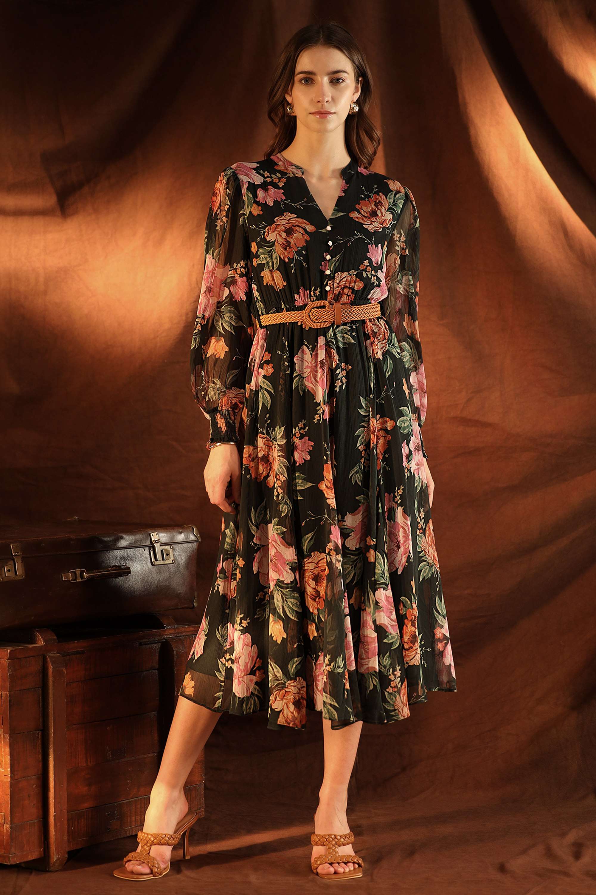 Floral-Chiffon-Collared-Women-s-Harmony-Midi-Dress-With-Belt